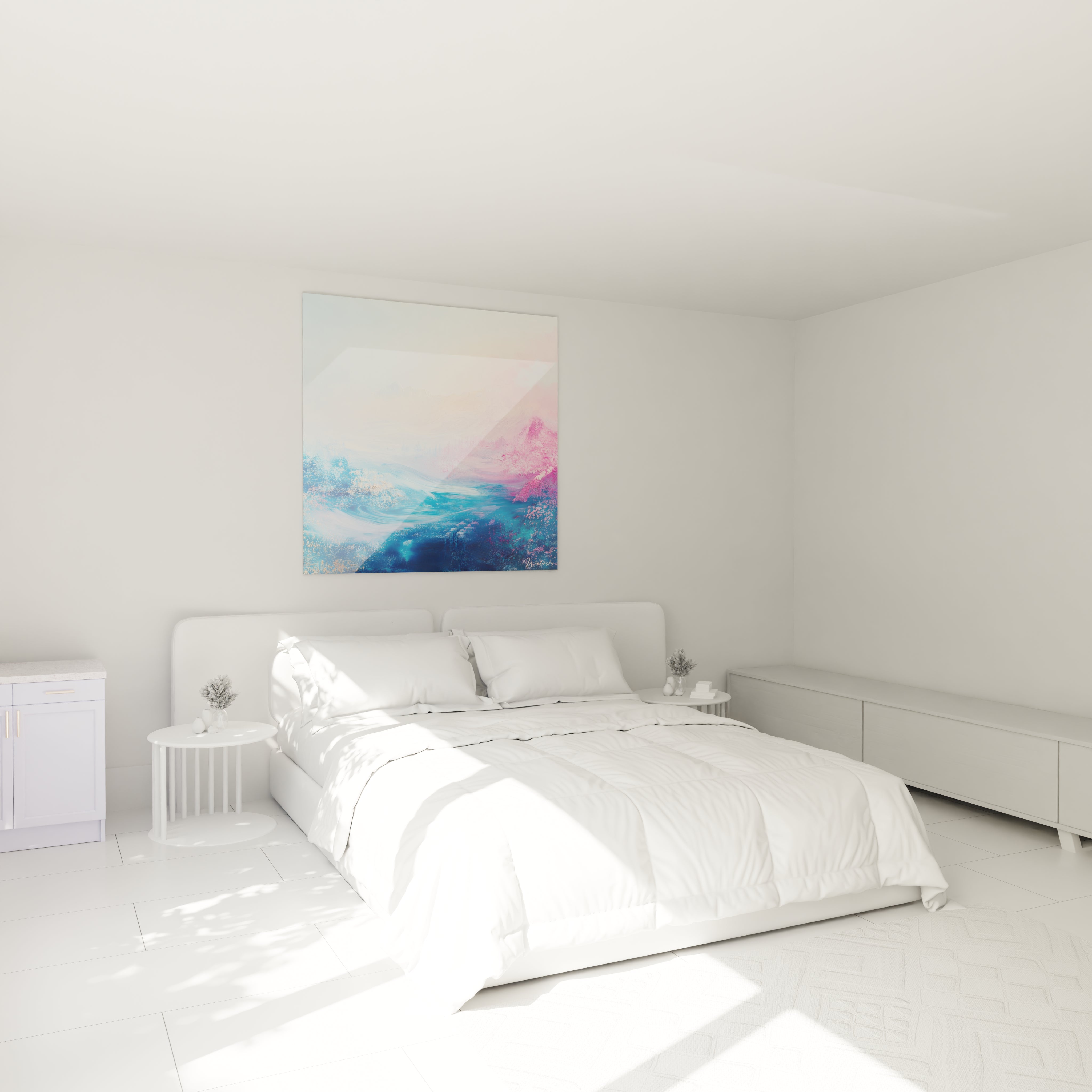 Tableau peinture abstrait Walensky avec des motifs de bleu et rose pour décorer une chambre moderne