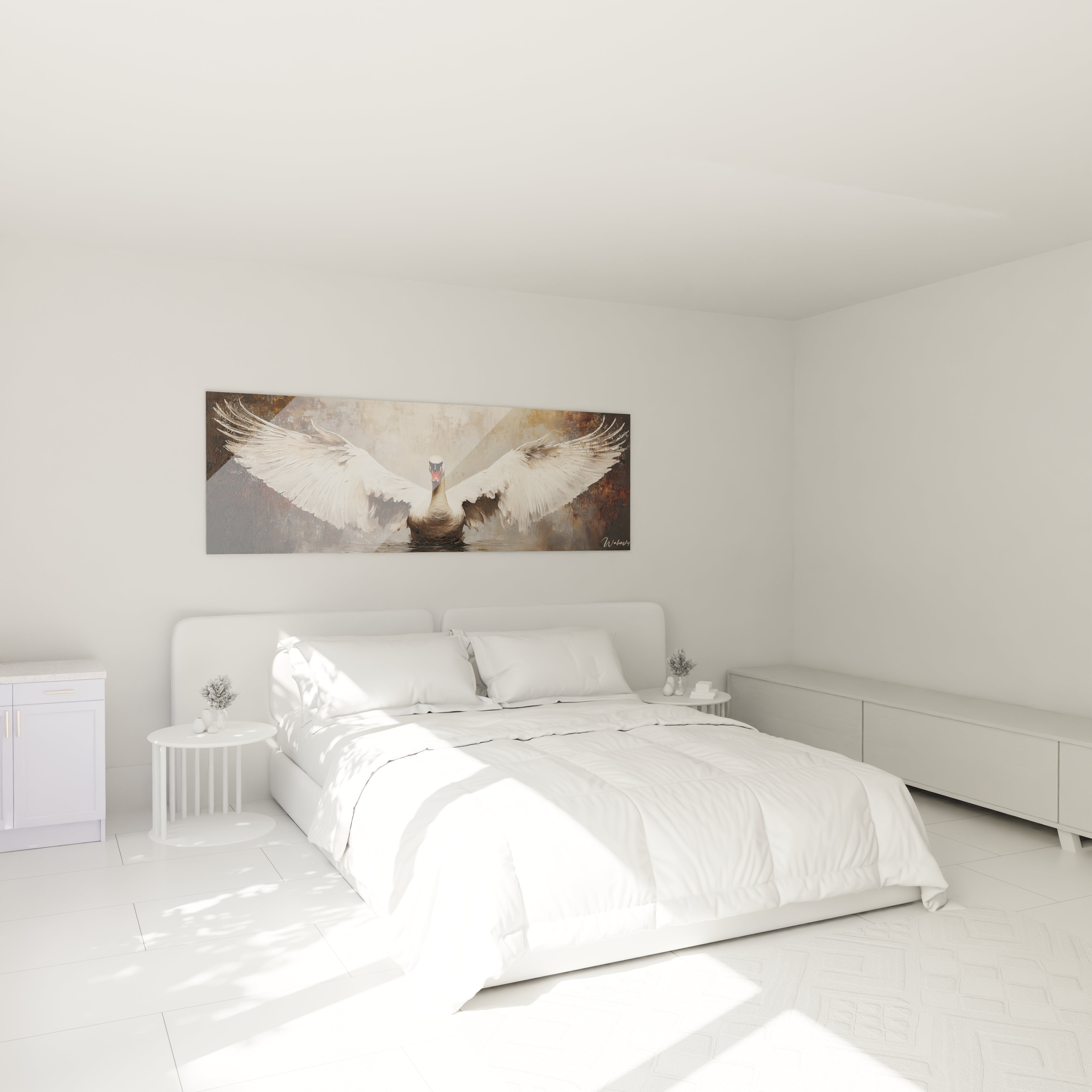 Tableau cygne Walensky avec une image de cygne aux ailes déployées dans une chambre moderne
