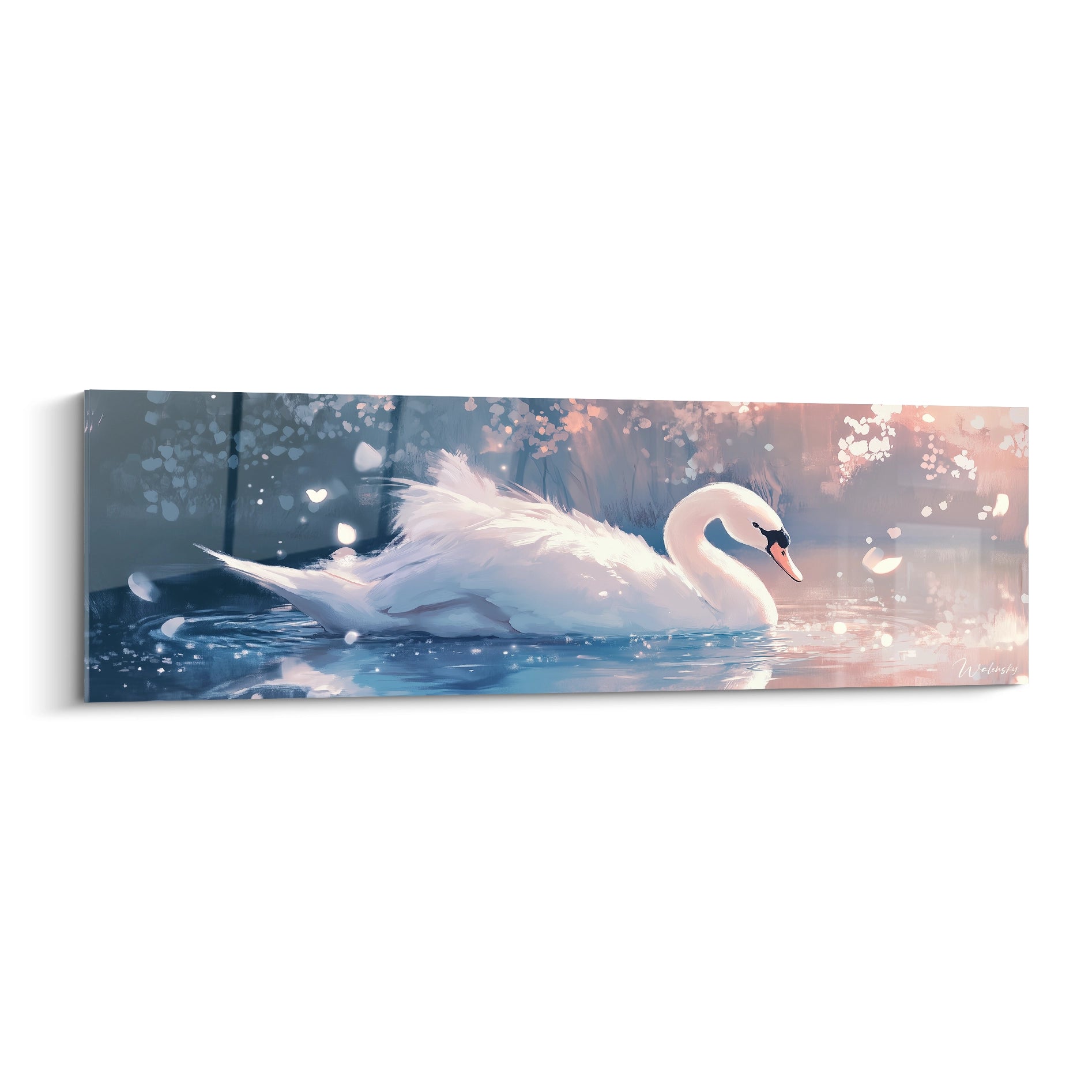 Tableau de cygne blanc nageant dans un lac tranquille avec des reflets lumineux