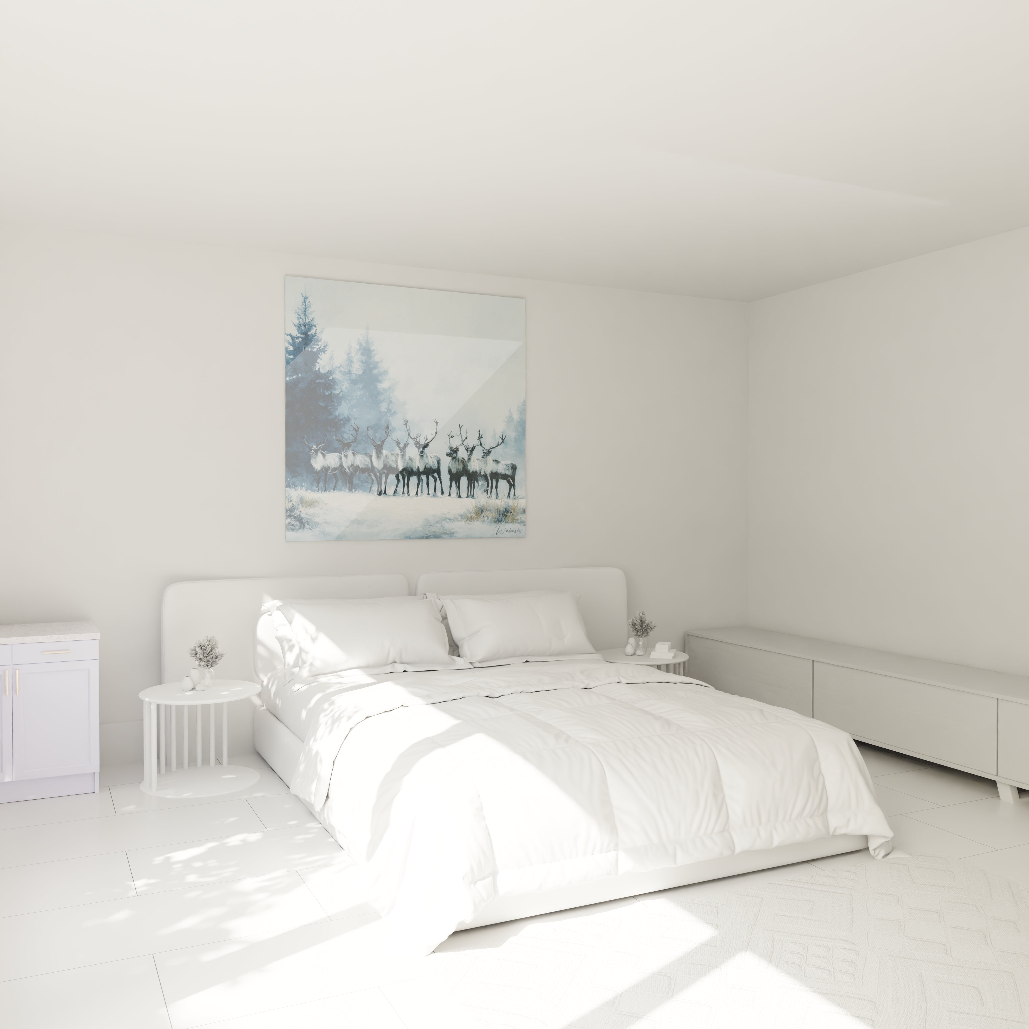 Tableau mural renne Noël de Walensky avec une scène hivernale apaisante dans une chambre moderne