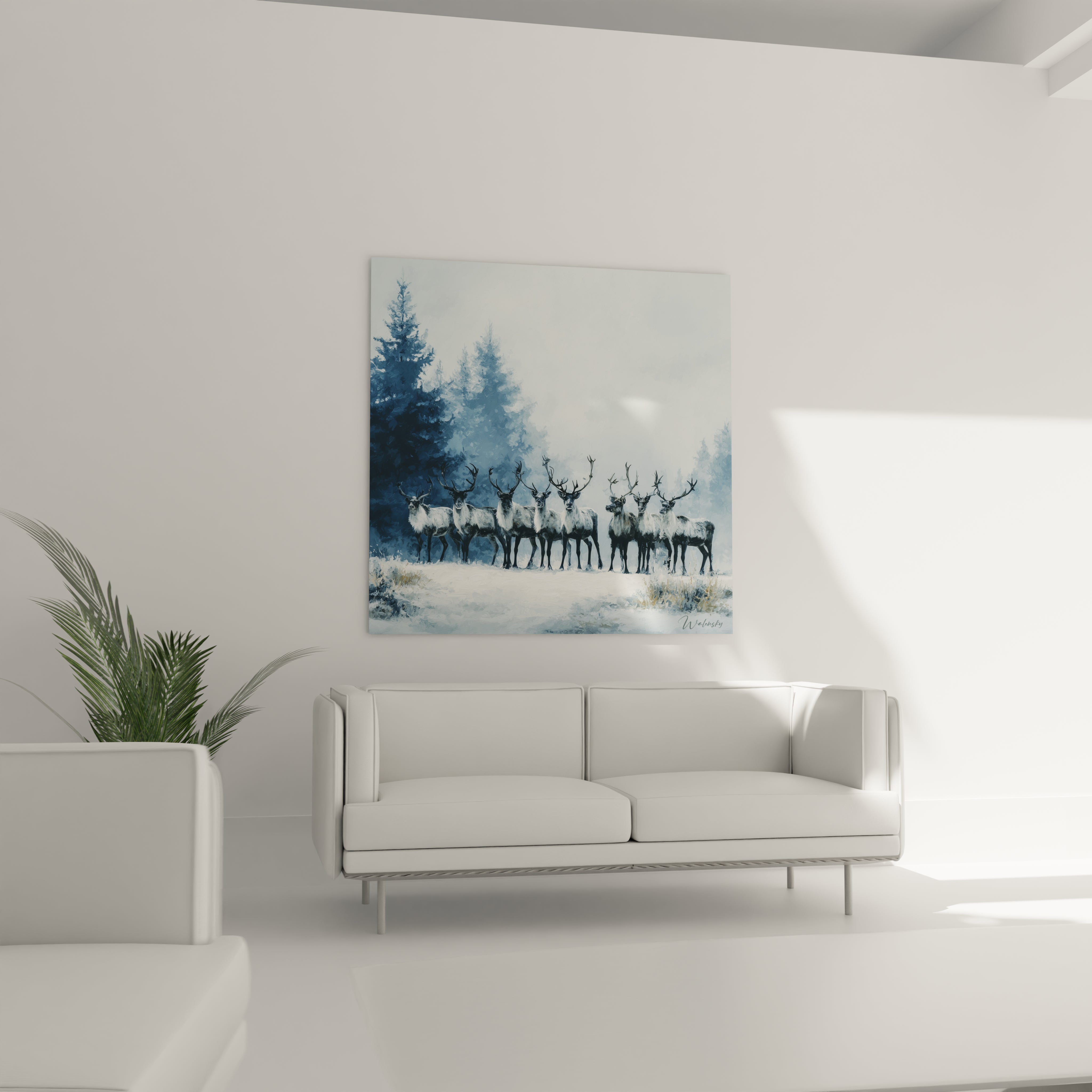 Tableau renne Noël de Walensky avec un paysage hivernal et des rennes majestueux