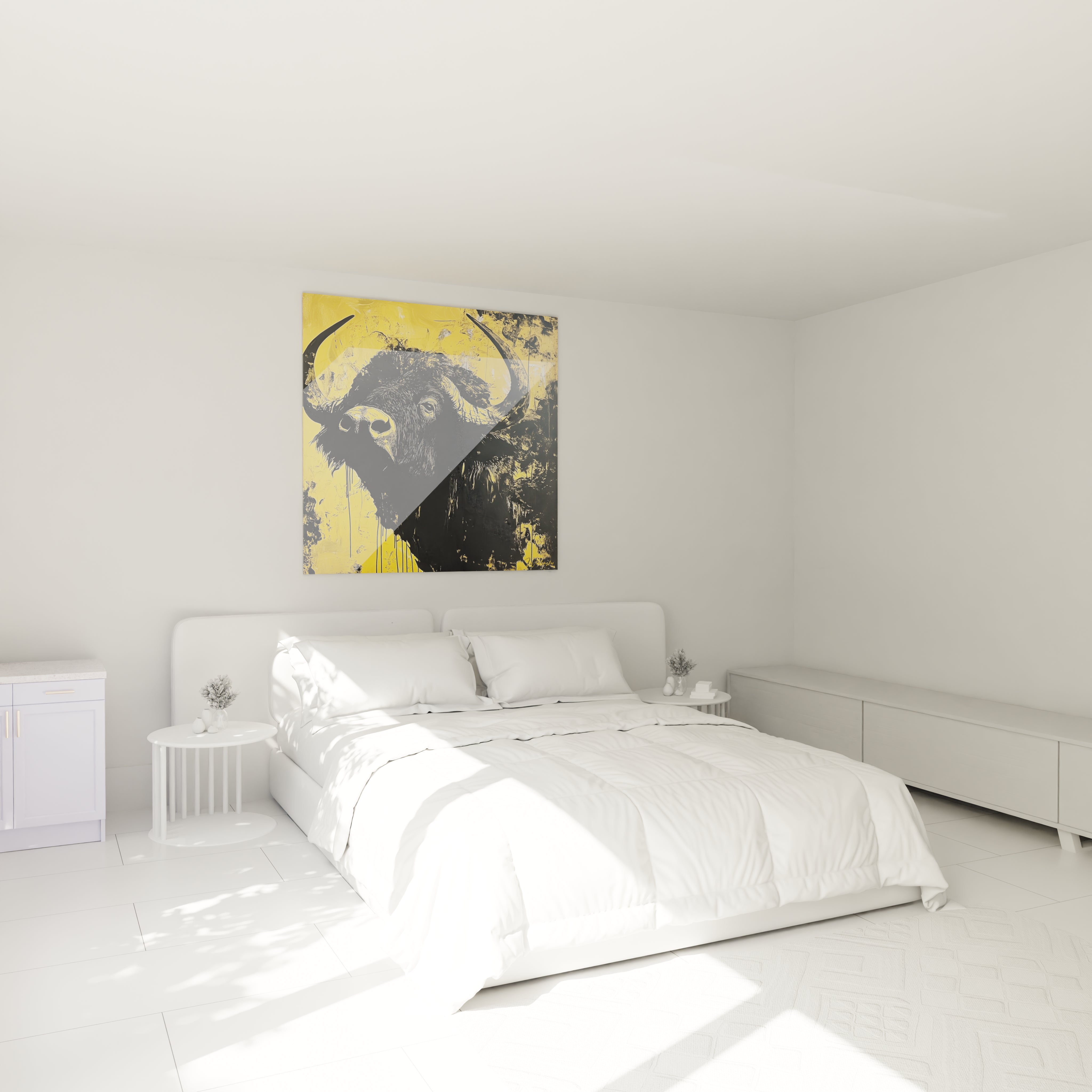 Tableau buffle Walensky au design moderne avec fond jaune accroché au-dessus d'un lit dans une chambre minimaliste blanche