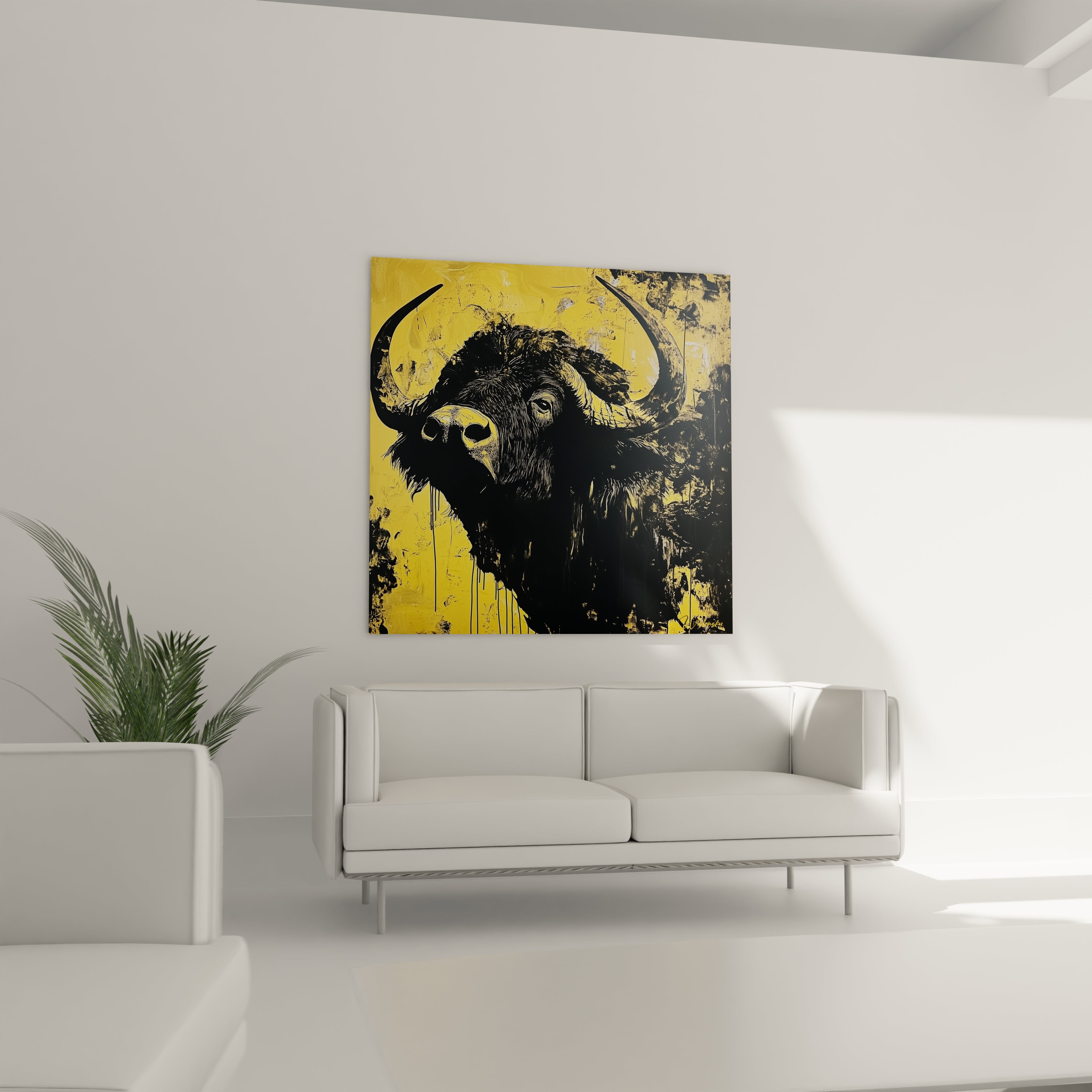 Tableau buffle Walensky moderne avec fond jaune accroché au-dessus d'un canapé blanc dans un salon lumineux