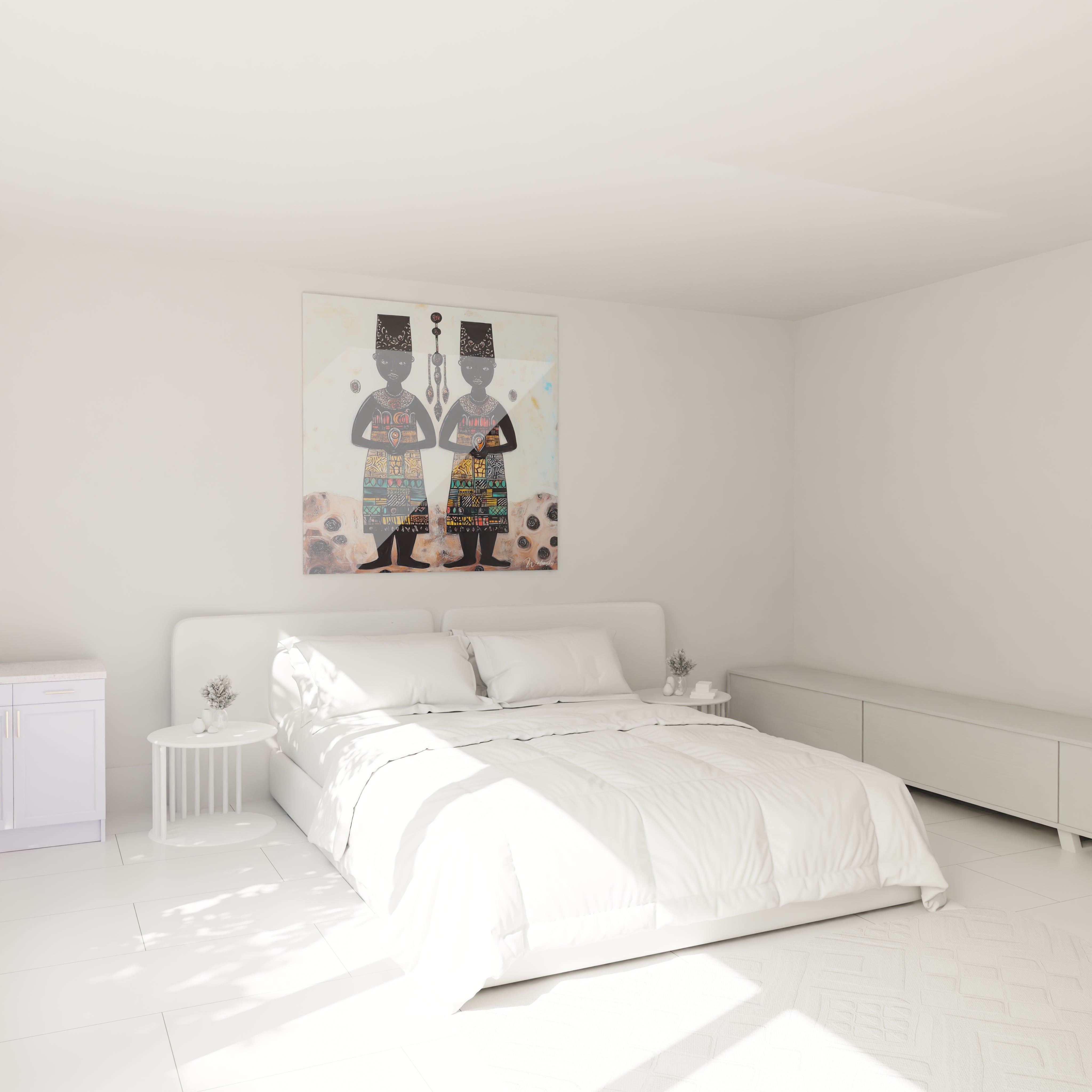 Tableau africain mural Walensky représentant deux personnages noirs dans une chambre blanche moderne