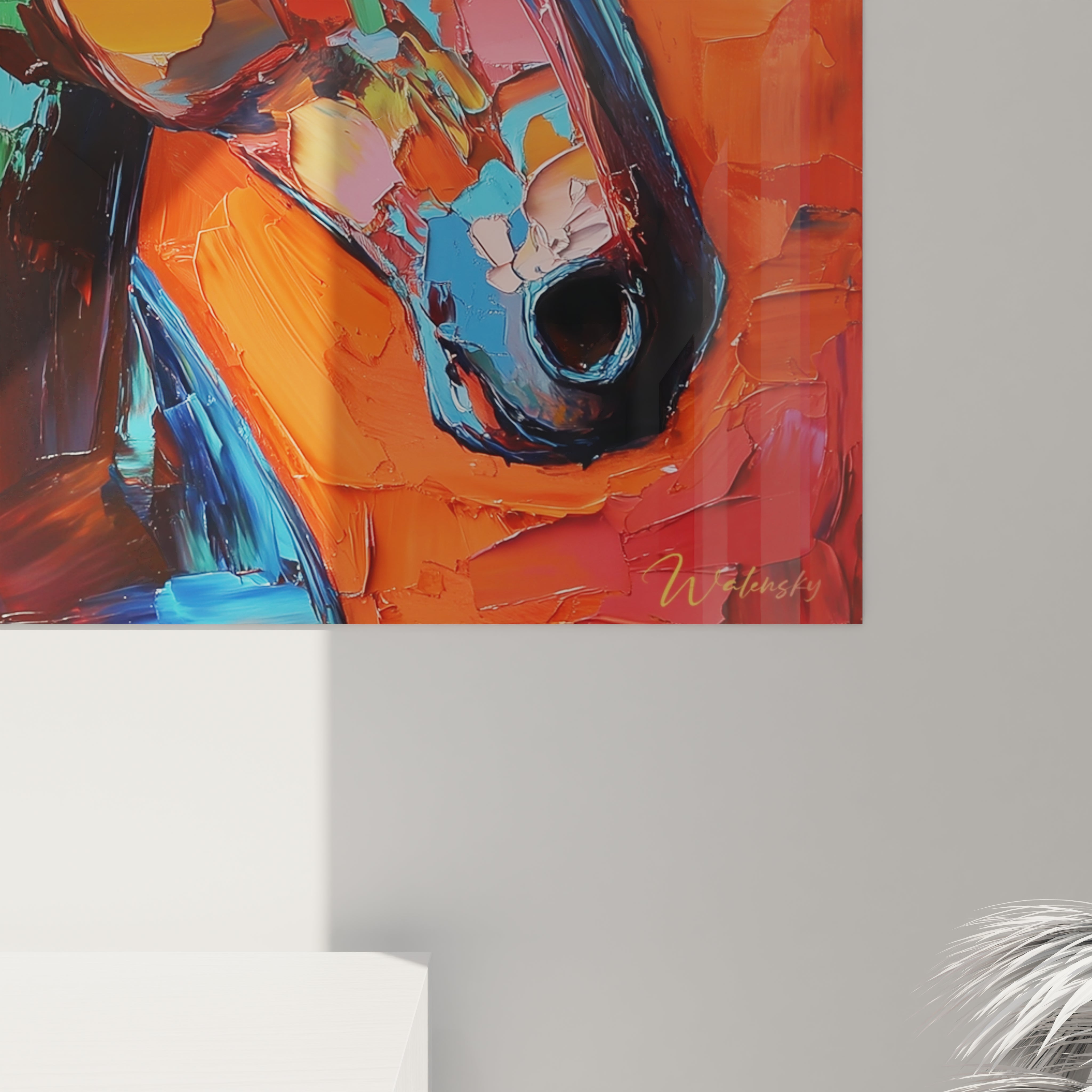 Tableau cheval coloré de Walensky avec des coups de pinceau vifs et expressifs sur fond orange