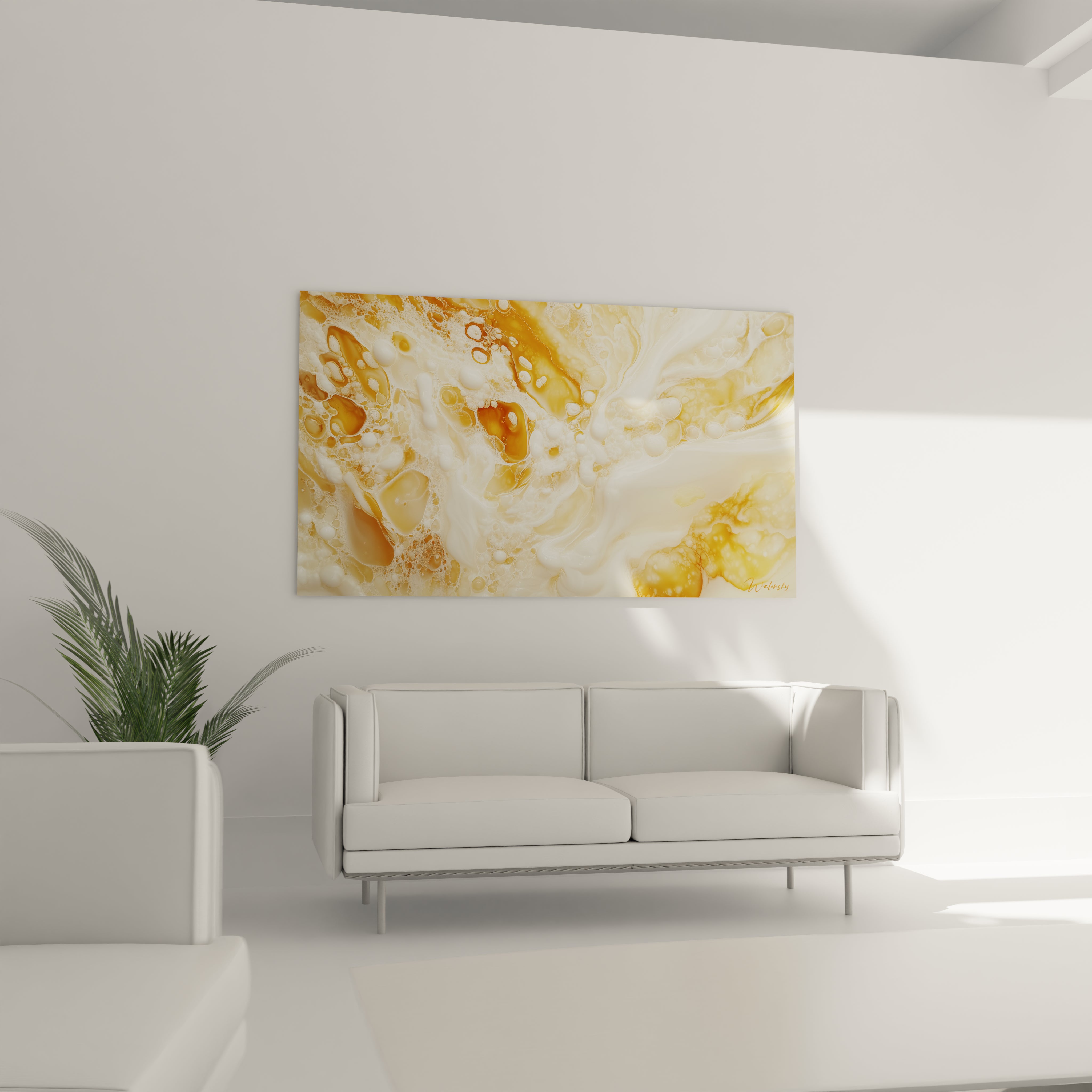 Tableau abstrait en texture dorée de Walensky, parfait pour décorer un salon moderne