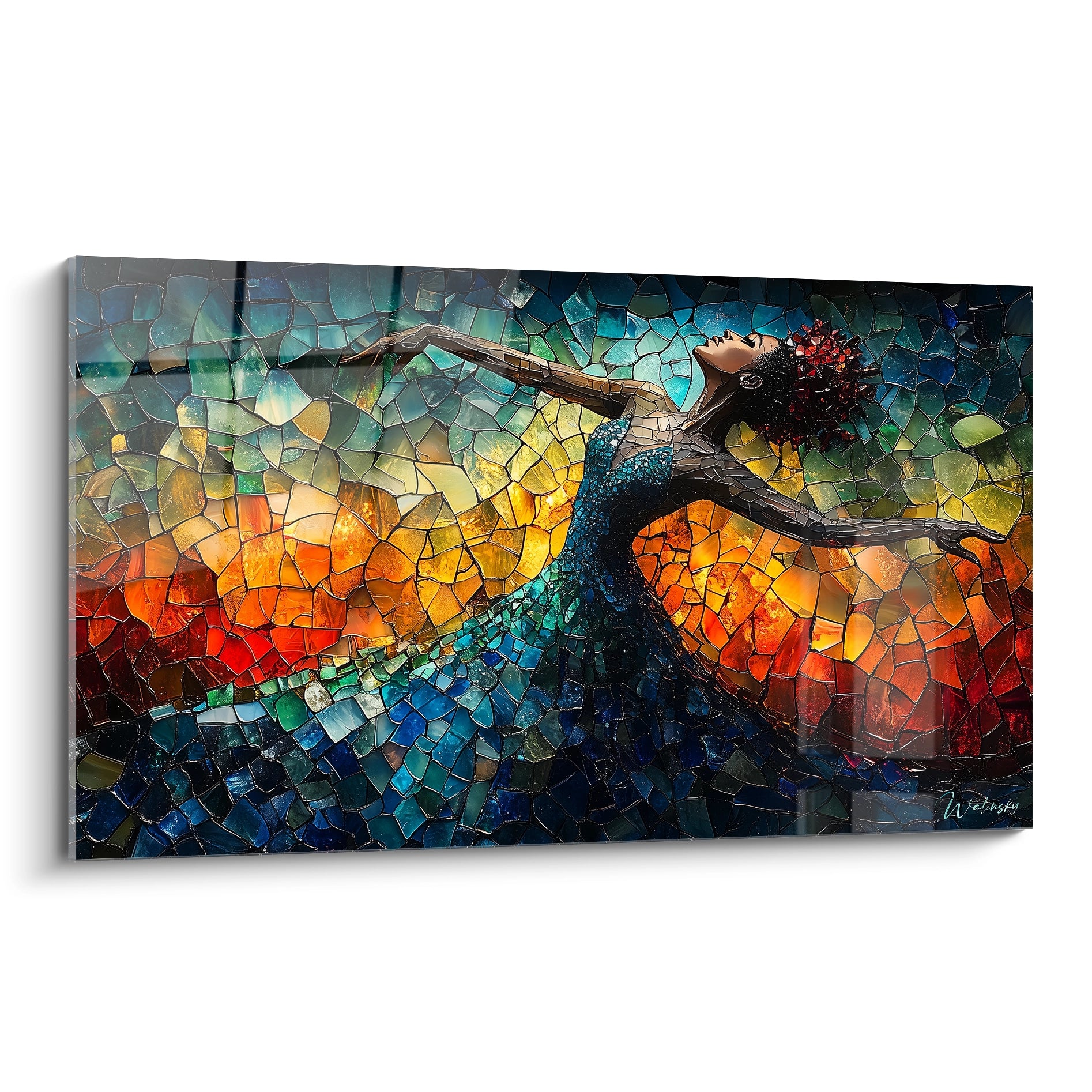 Tableau abstrait d'une danseuse avec des couleurs vibrantes et un effet de mosaïque par Walensky