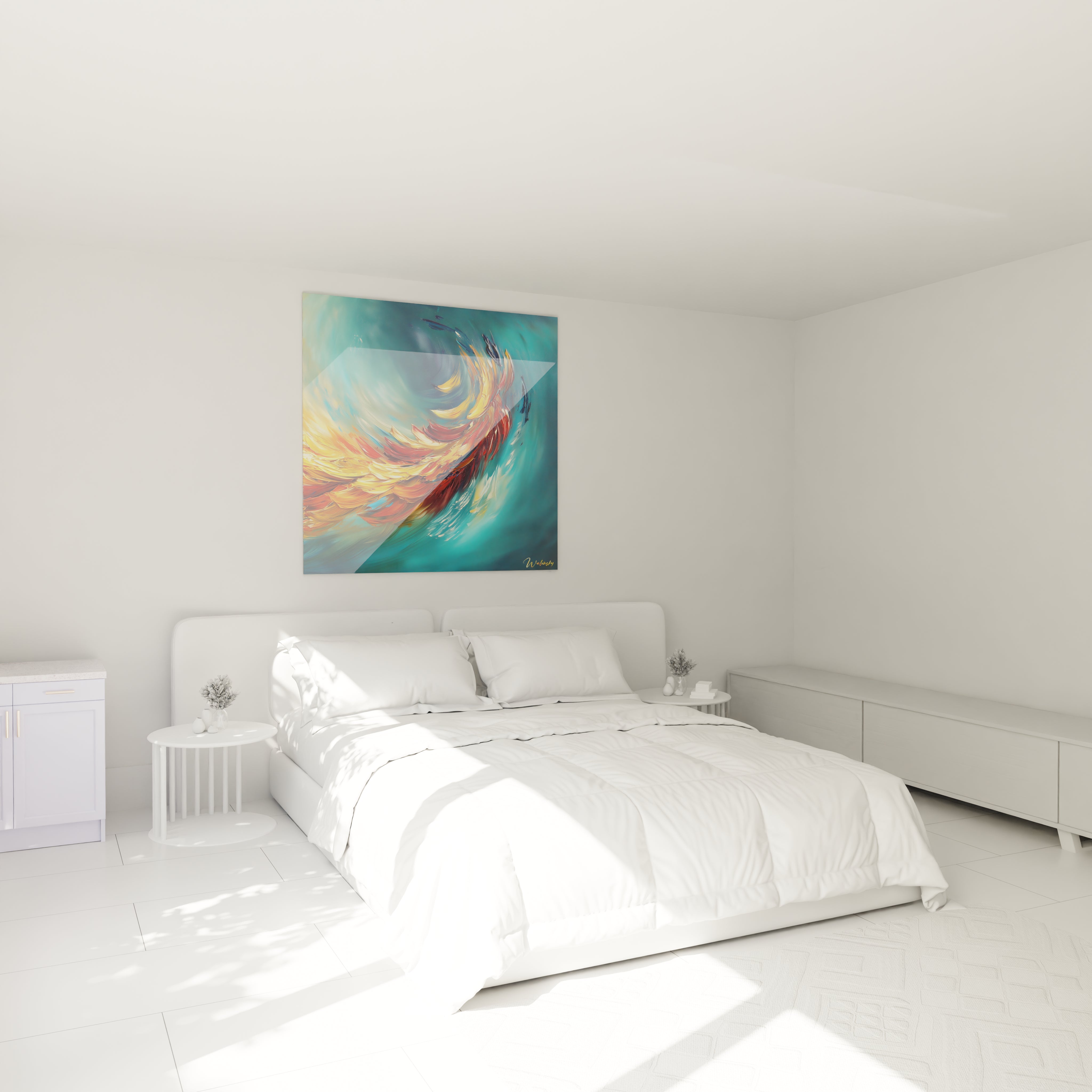 Tableau moderne abstrait de Walensky avec des teintes bleues et orangées dans une chambre lumineuse