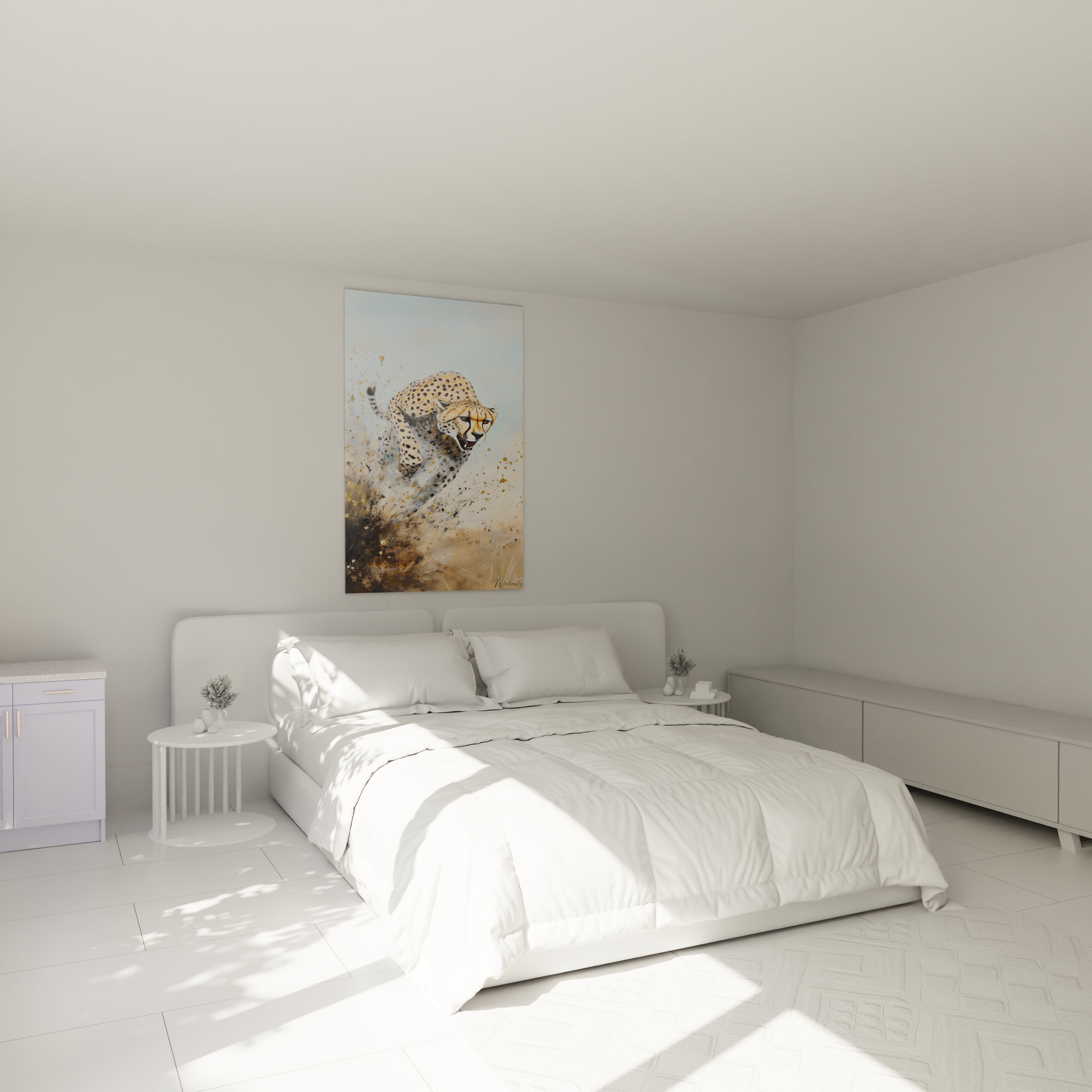Tableau guépard Walensky sur un mur de chambre lumineuse avec un lit moderne