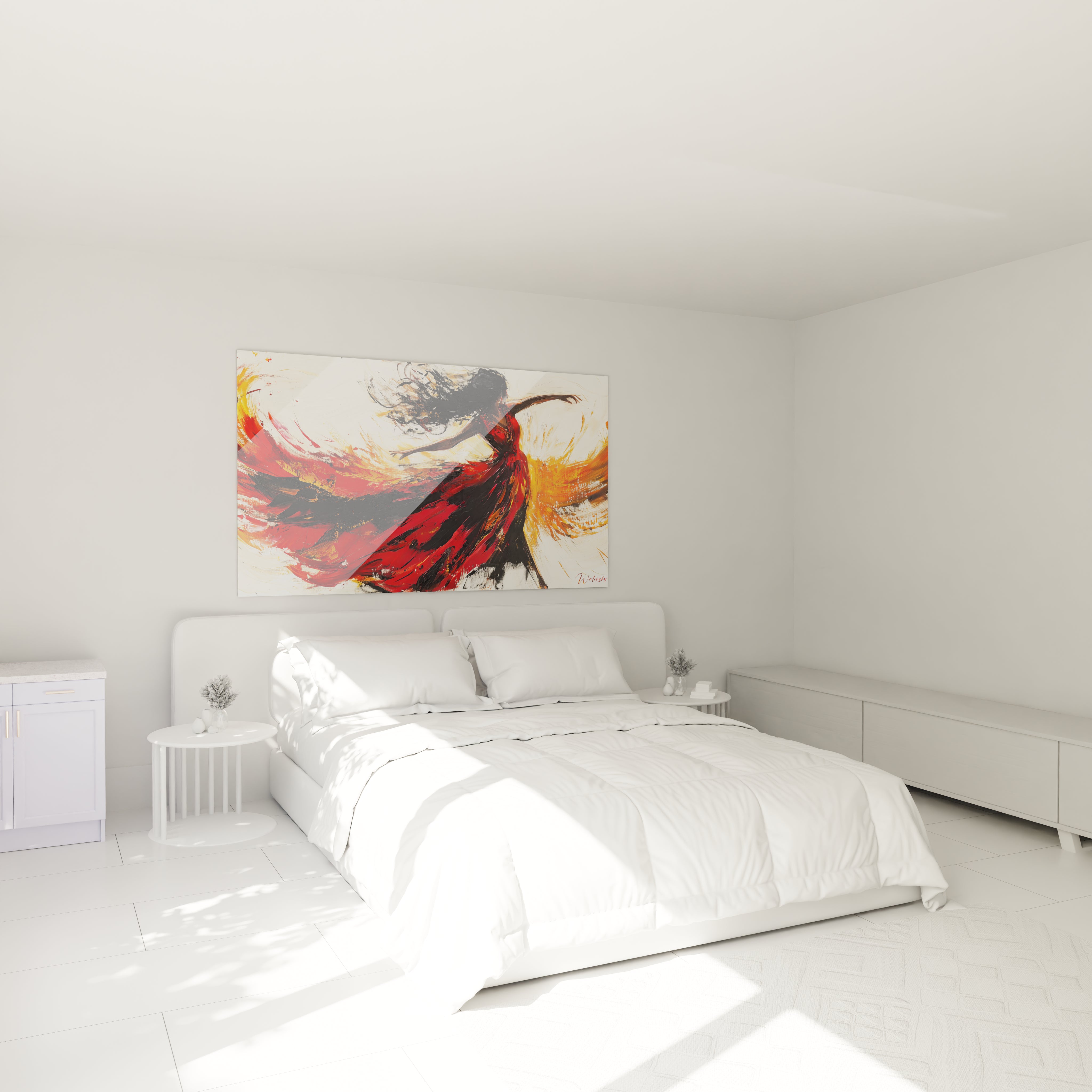 Tableau abstrait de danseuse rouge sur fond clair pour décorer une chambre moderne