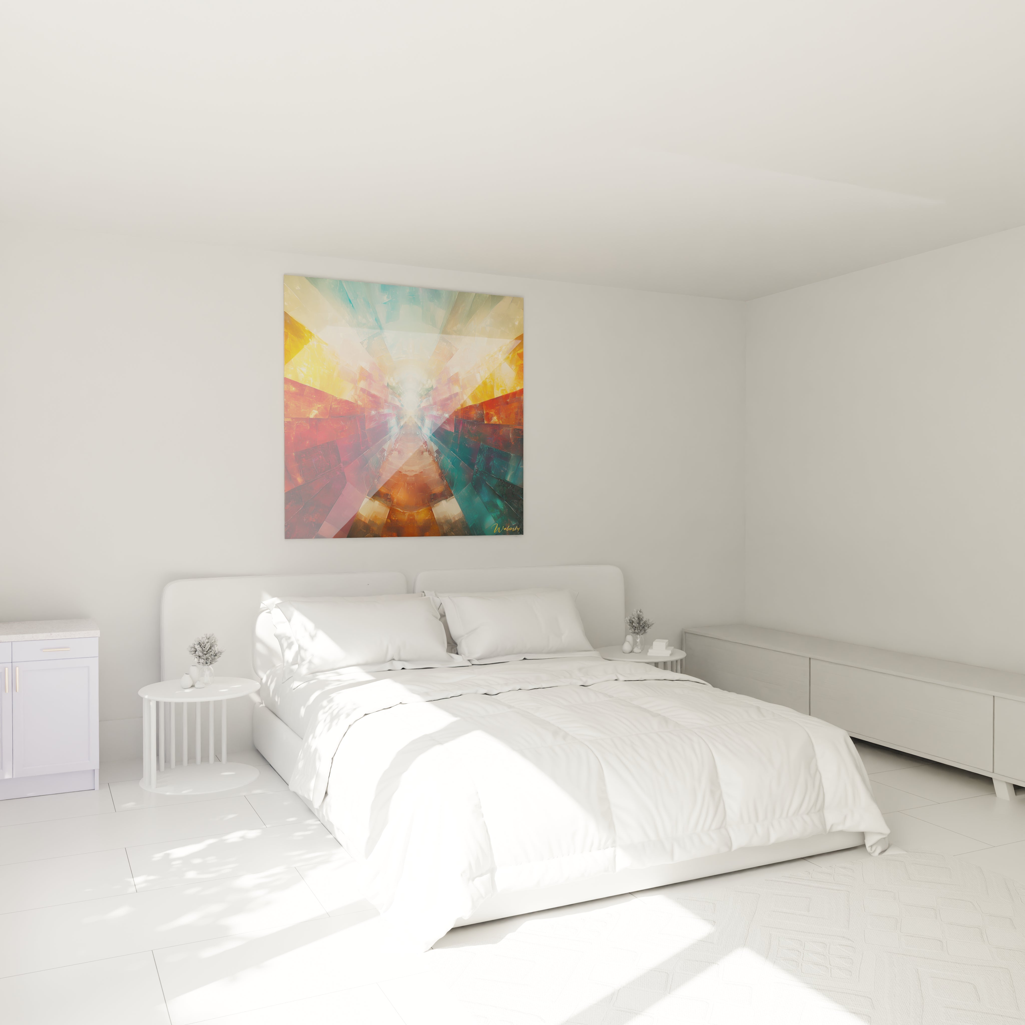 Tableau géométrique abstrait de Walensky, aux couleurs vives, décorant une chambre lumineuse