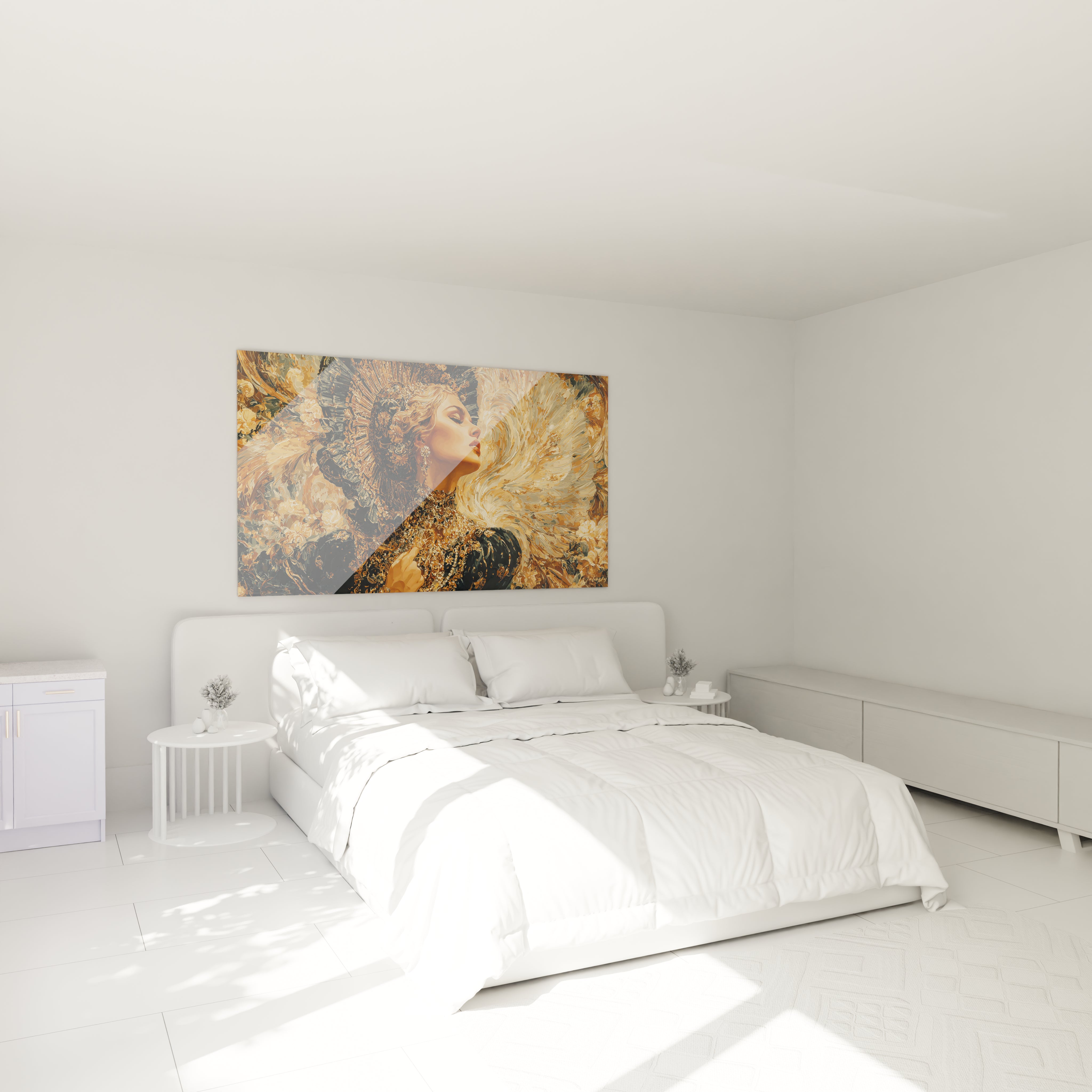 Tableau mural Walensky tableau gothique femme dore accroche au dessus d un lit blanc minimaliste