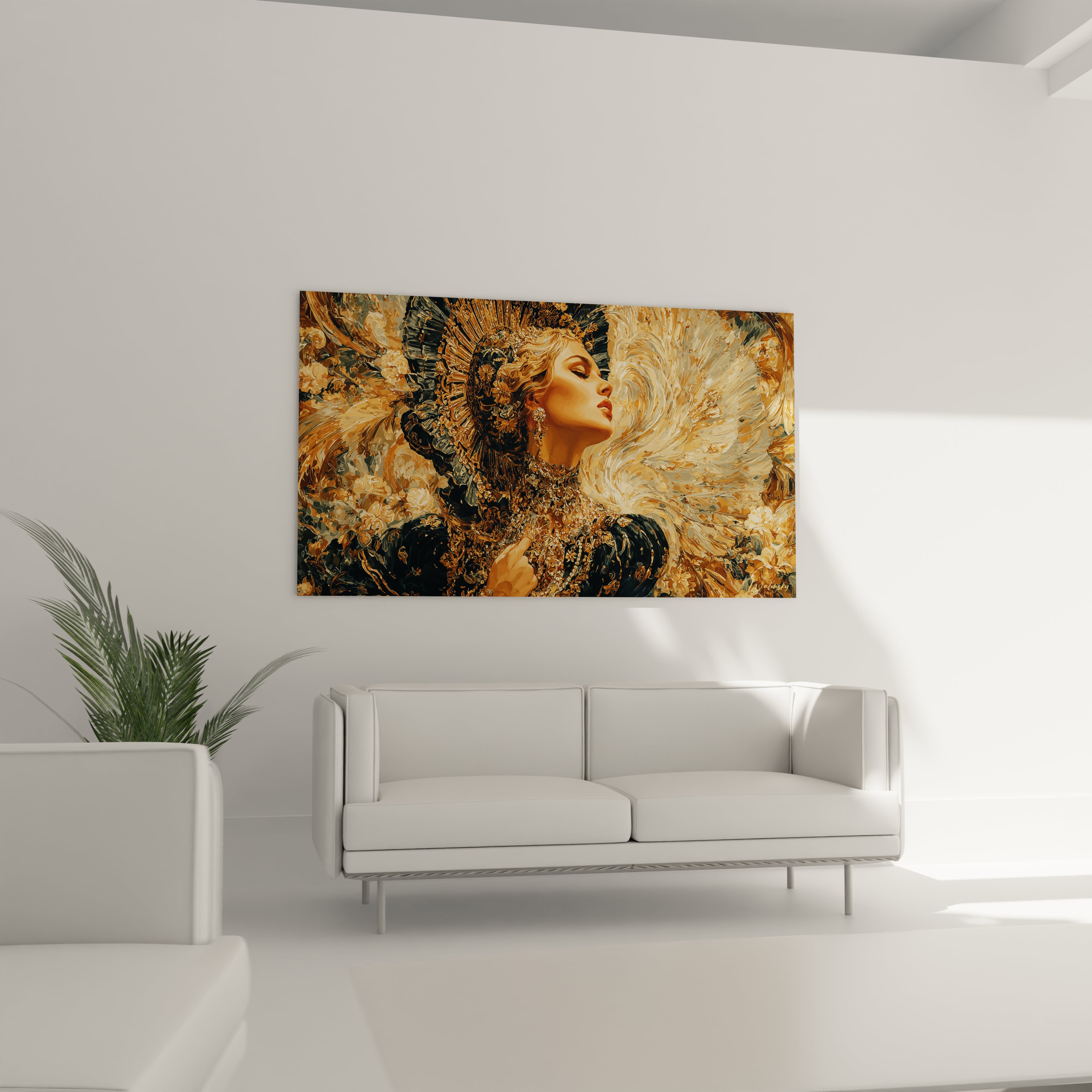 tableau gothique femme Walensky portrait femme gothique dore mural au dessus d un canape blanc minimaliste