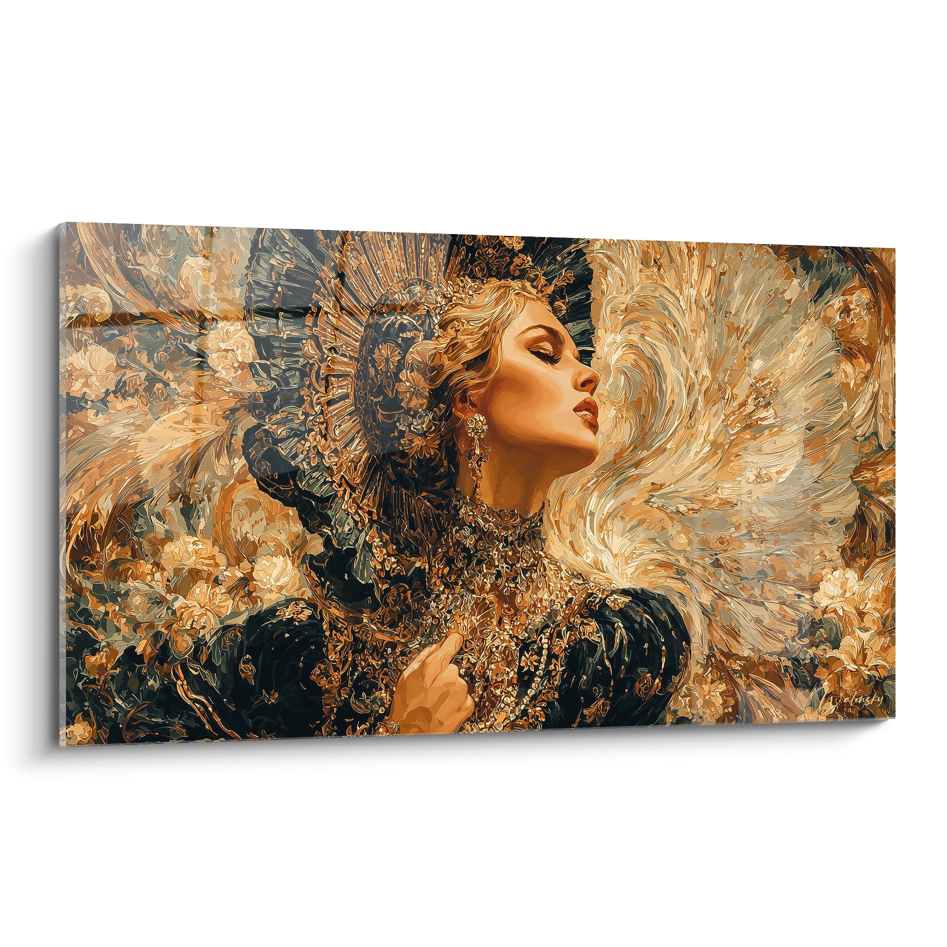 tableau gothique femme Walensky portrait féminin orné en noir et or coiffe baroque et bijoux fond tourbillonnant