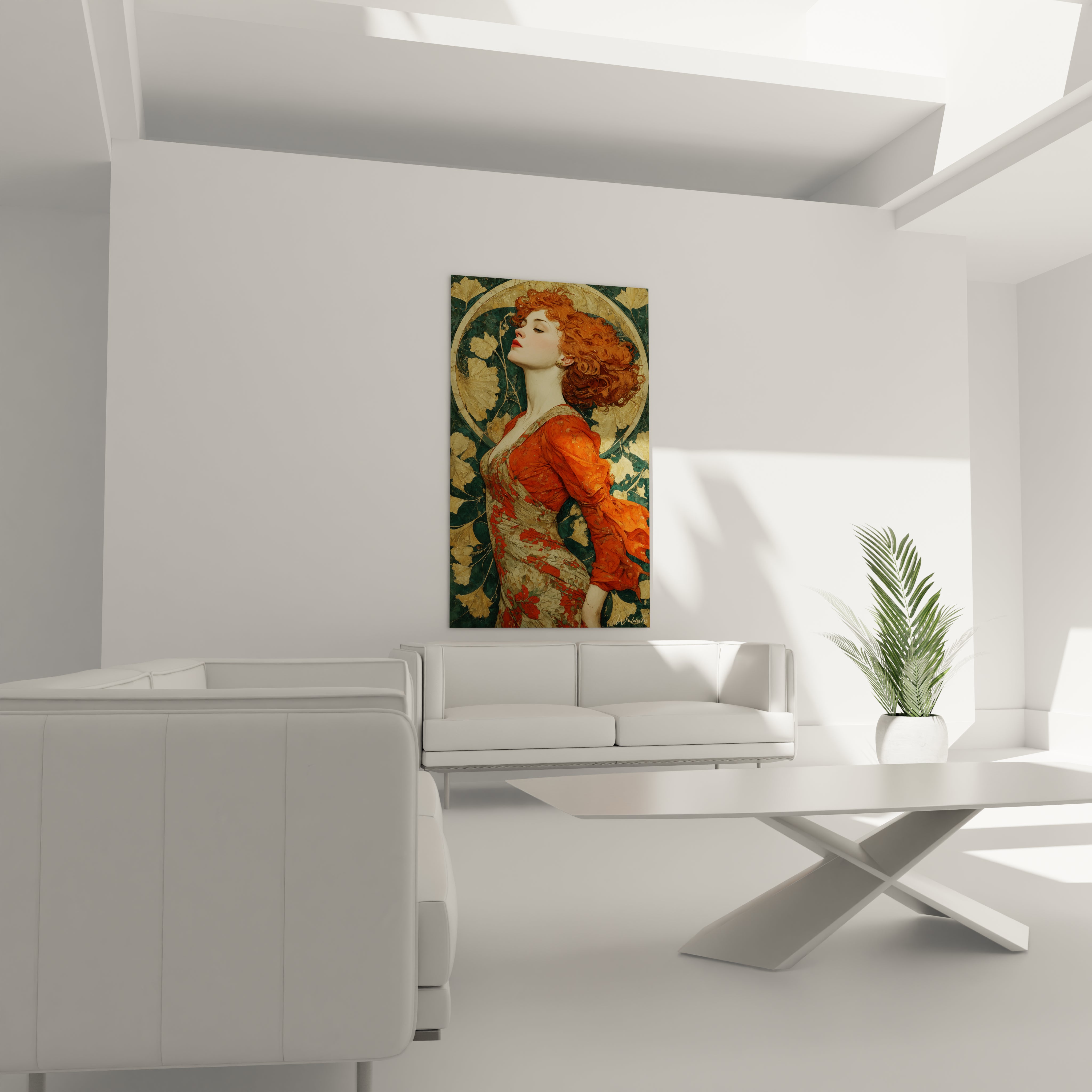 tableau art nouveau femme Walensky en bleu et or, portrait décoratif accroché au-dessus d'un canapé dans un salon blanc moderne