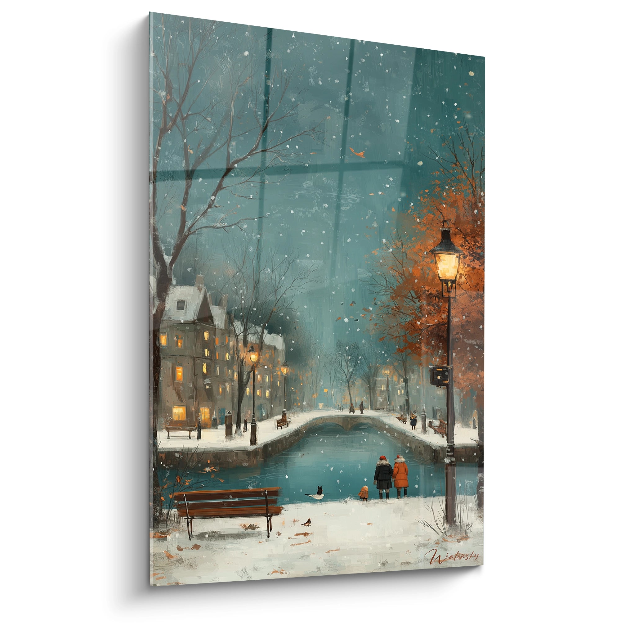 tableau canal hiver Walensky montrant une peinture murale d un canal enneigé, couple, banc, lampadaire et maisons