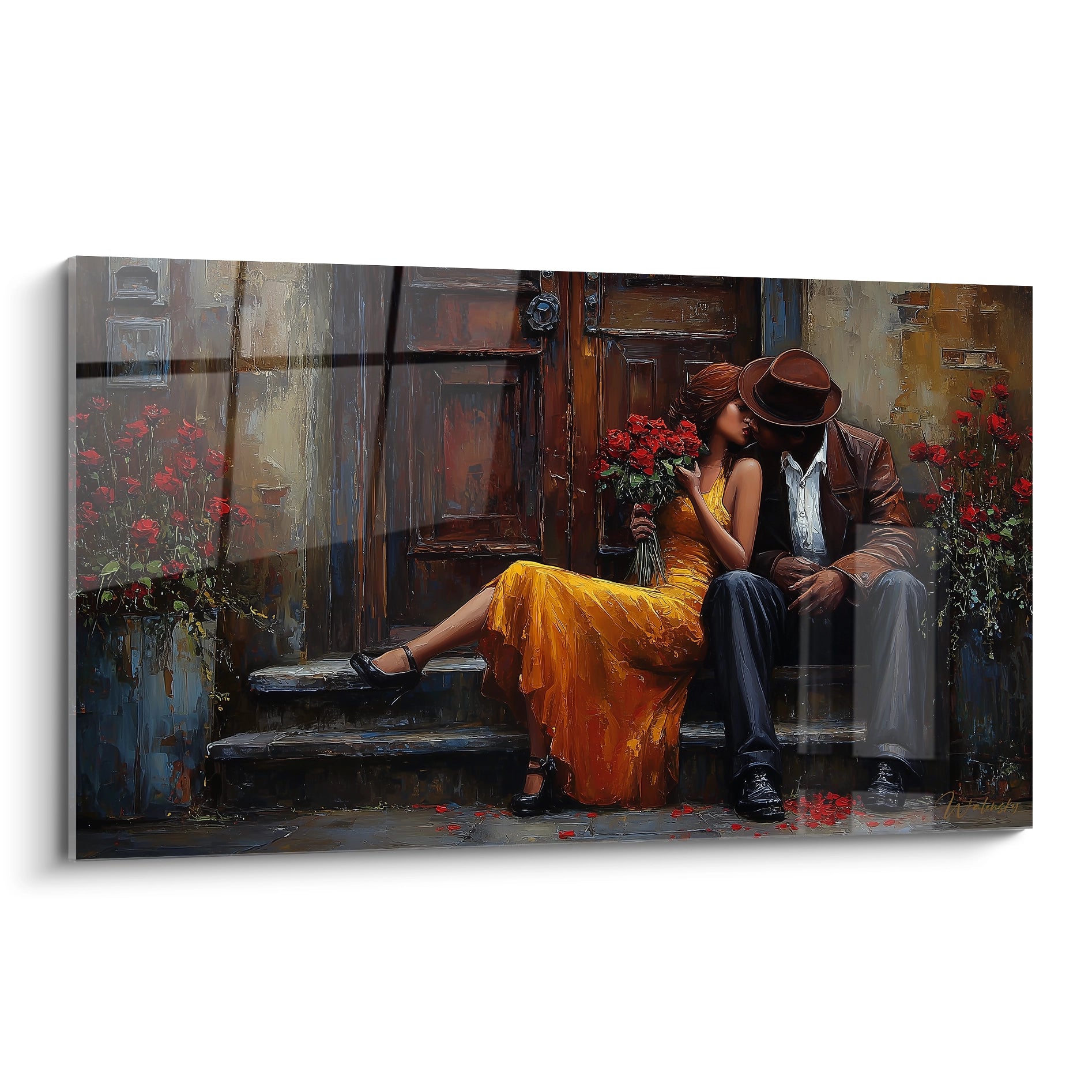 tableau couple romantique peinture murale d un couple assis sur des marches femme en robe jaune tenant un bouquet de roses rouges