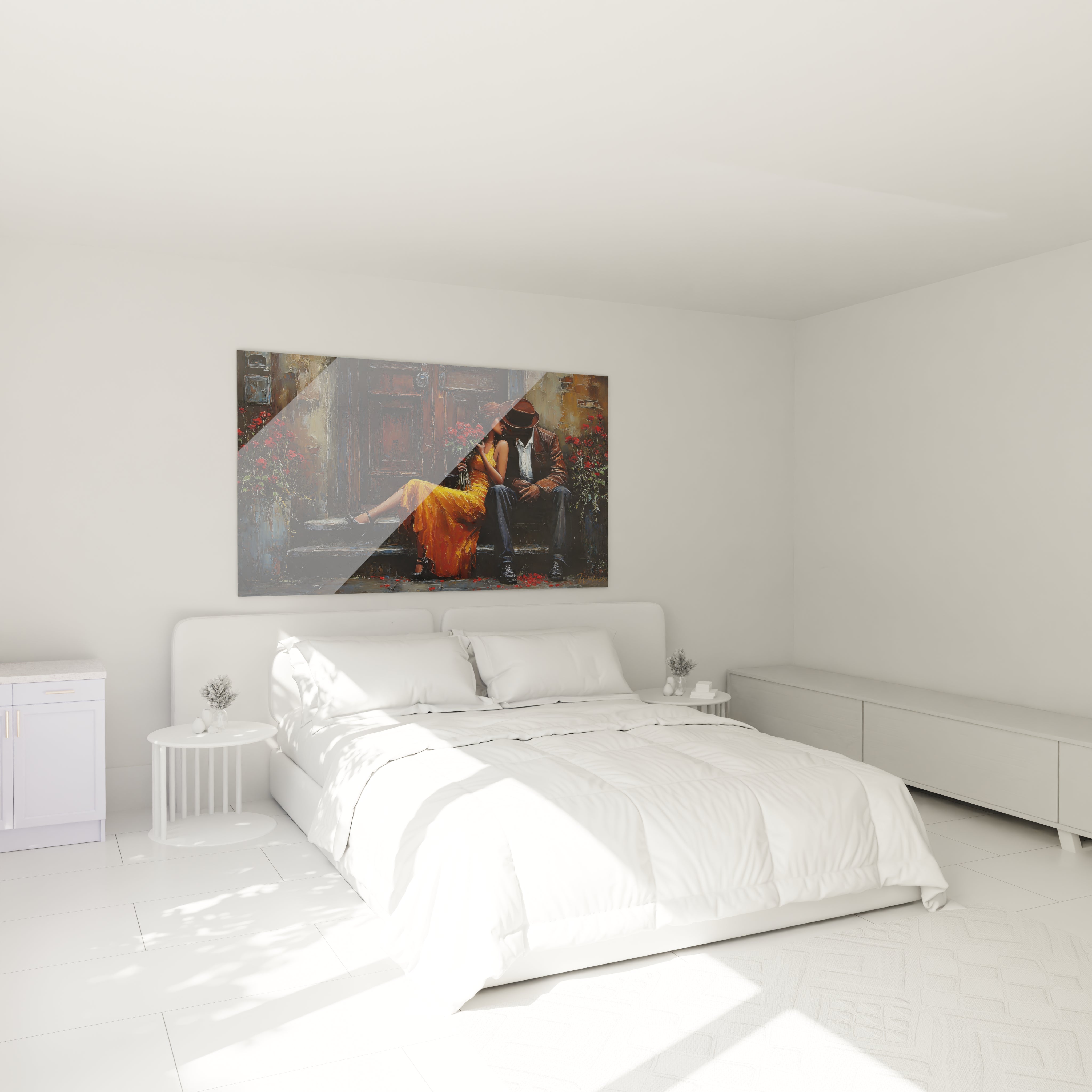 tableau couple romantique Walensky au dessus d un lit blanc minimaliste peinture coloree d un couple assis
