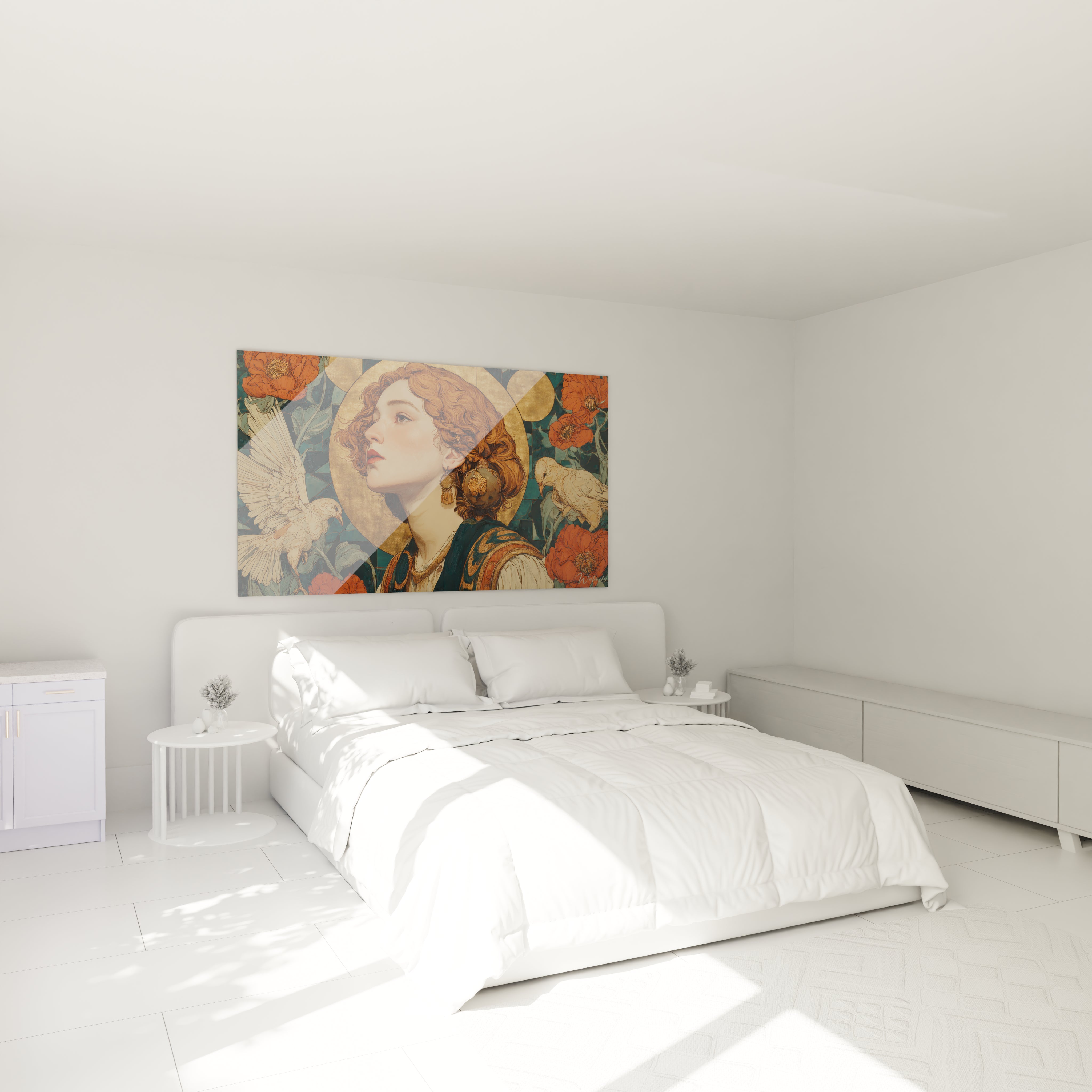 tableau femme art nouveau mural Walensky portrait de femme florale couleurs chaudes au dessus du lit