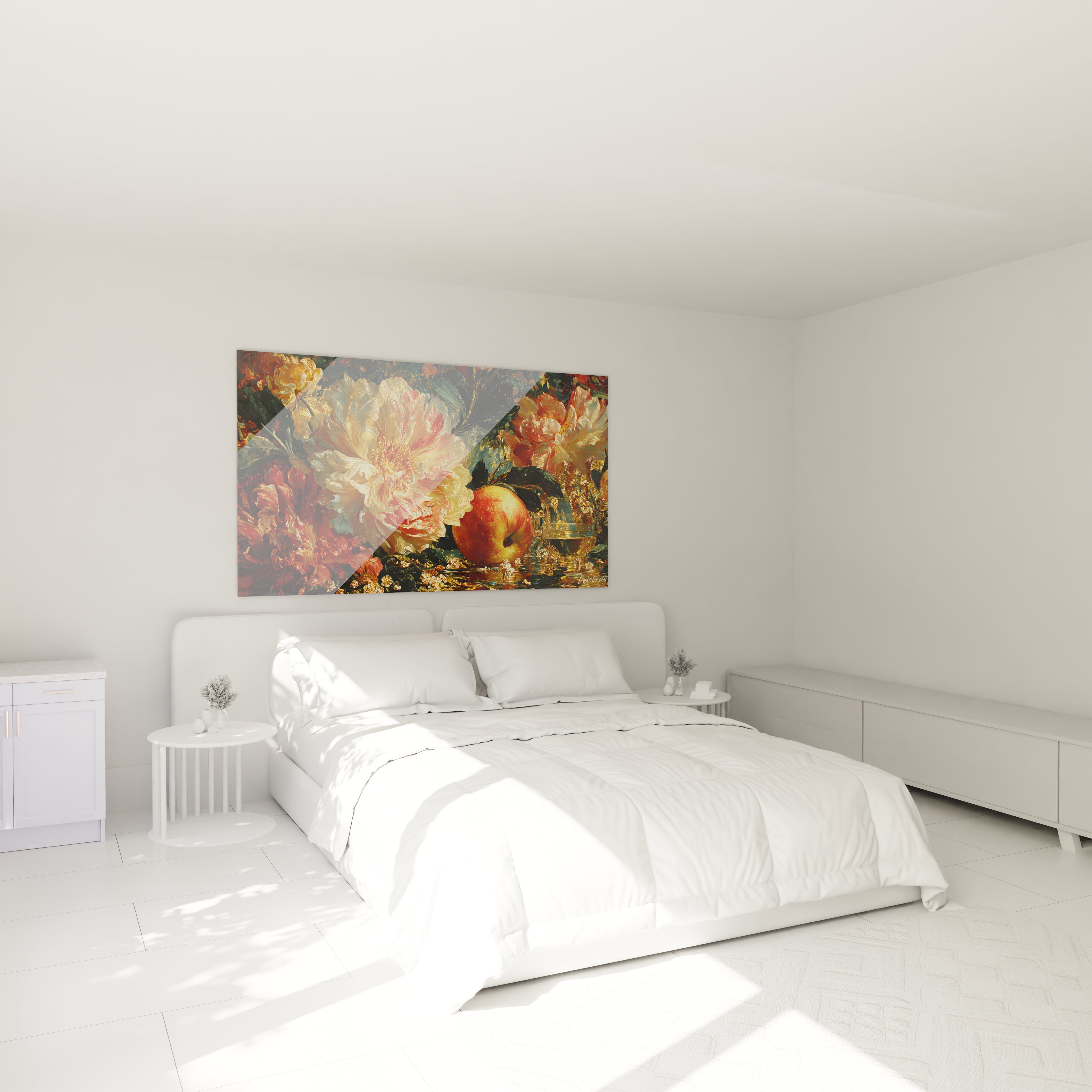 tableau nature morte baroque Walensky accroche au dessus d un lit blanc minimaliste dans une chambre lumineuse
