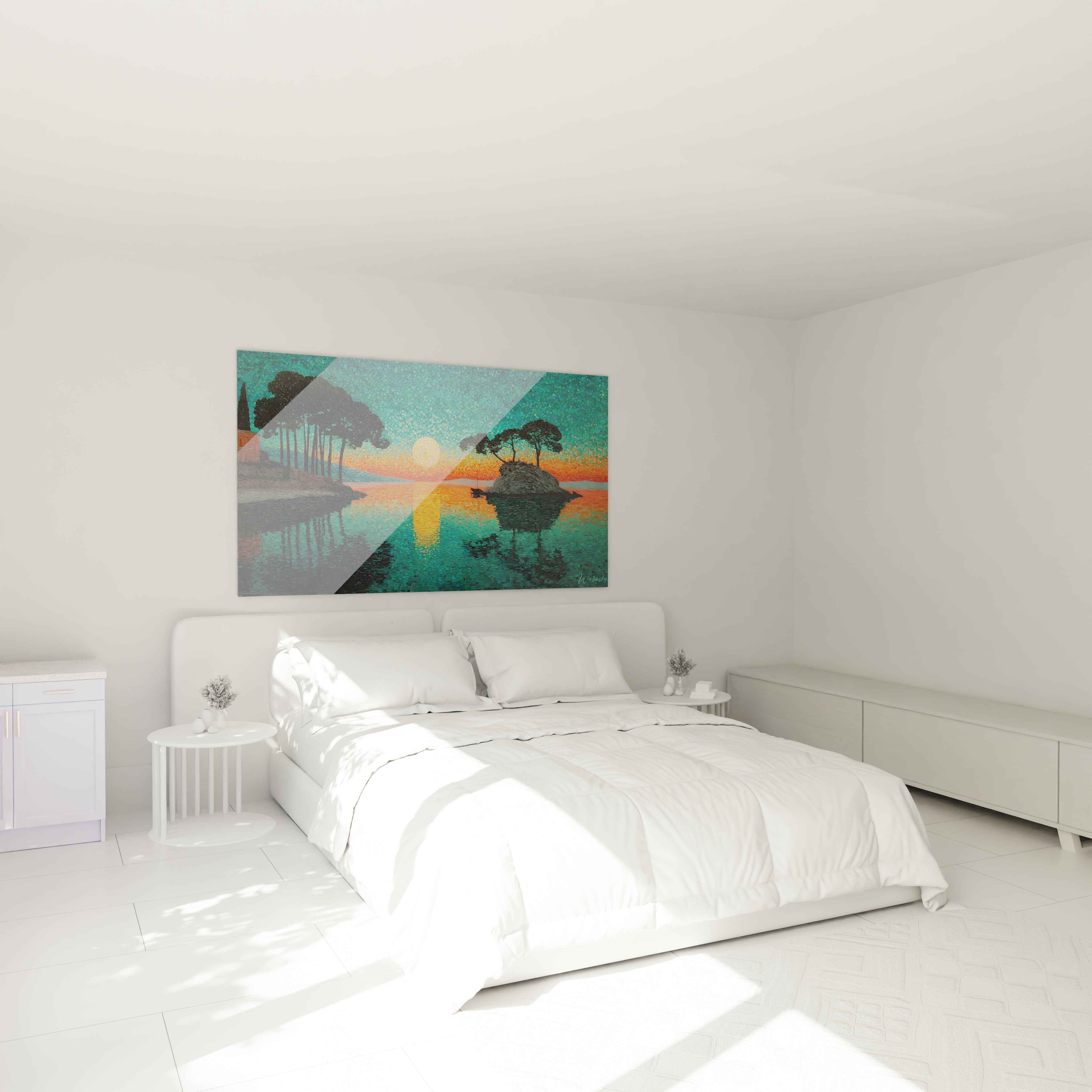 Tableau mural Walensky tableau paysage maritime pointillisme soleil se reflétant arbres sur mer au dessus lit blanc minimaliste