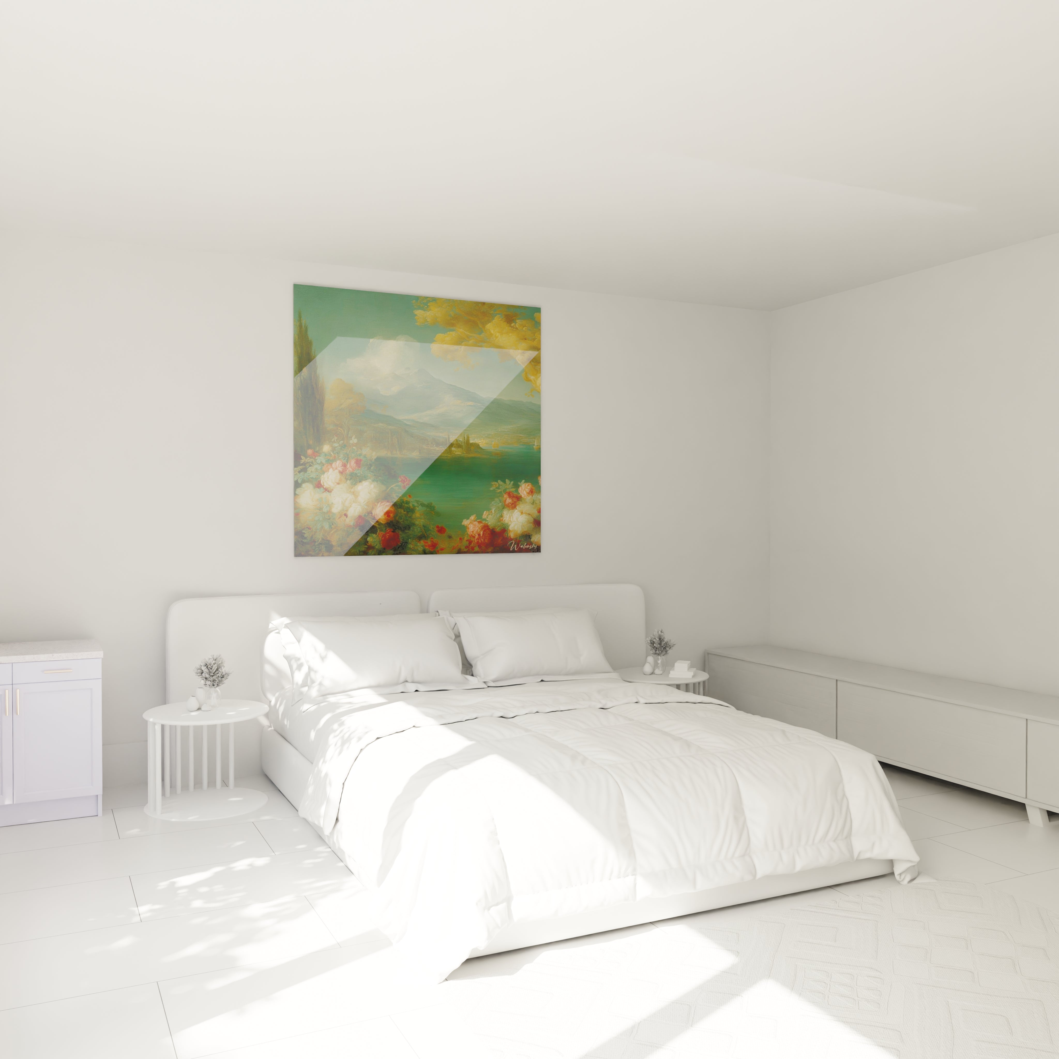 Tableau mural Walensky montrant un tableau paysage Monts Dorés au dessus d un lit dans une chambre blanche minimaliste