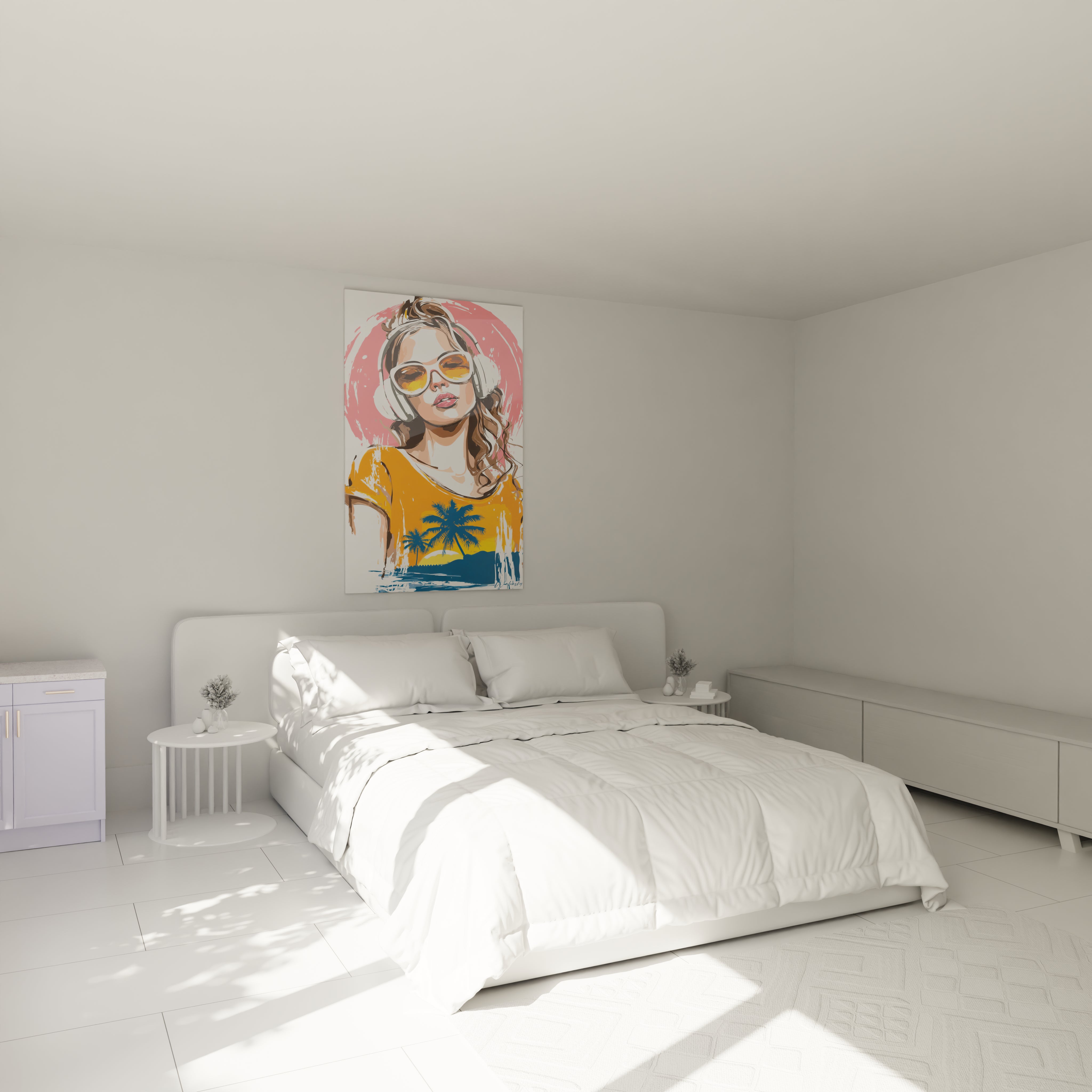 Walensky tableau pin-up été affiché au-dessus d'un lit moderne, femme en lunettes de soleil et motifs palmiers