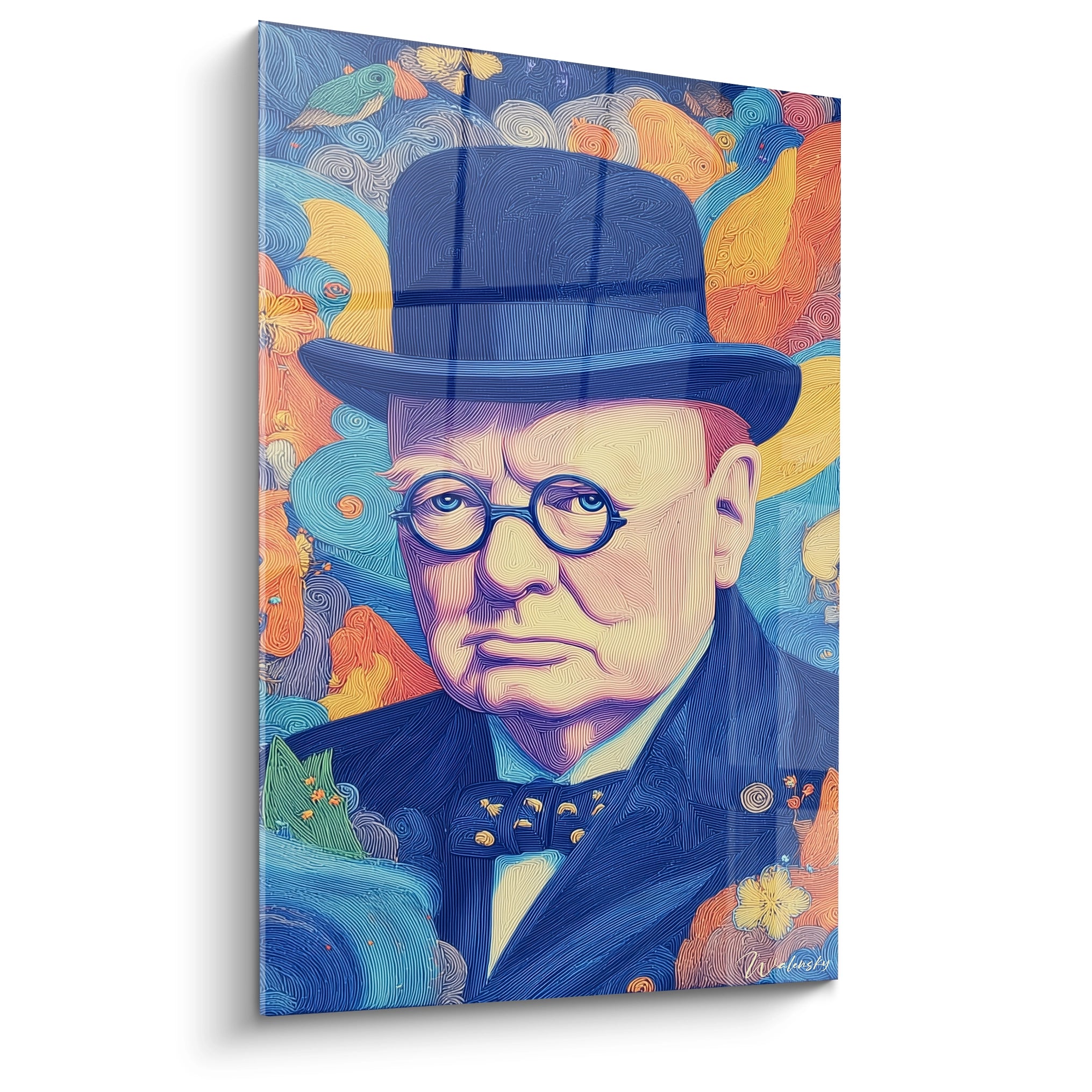 tableau portrait Winston Churchill coloré sur toile par Walensky portrait en buste avec chapeau et lunettes