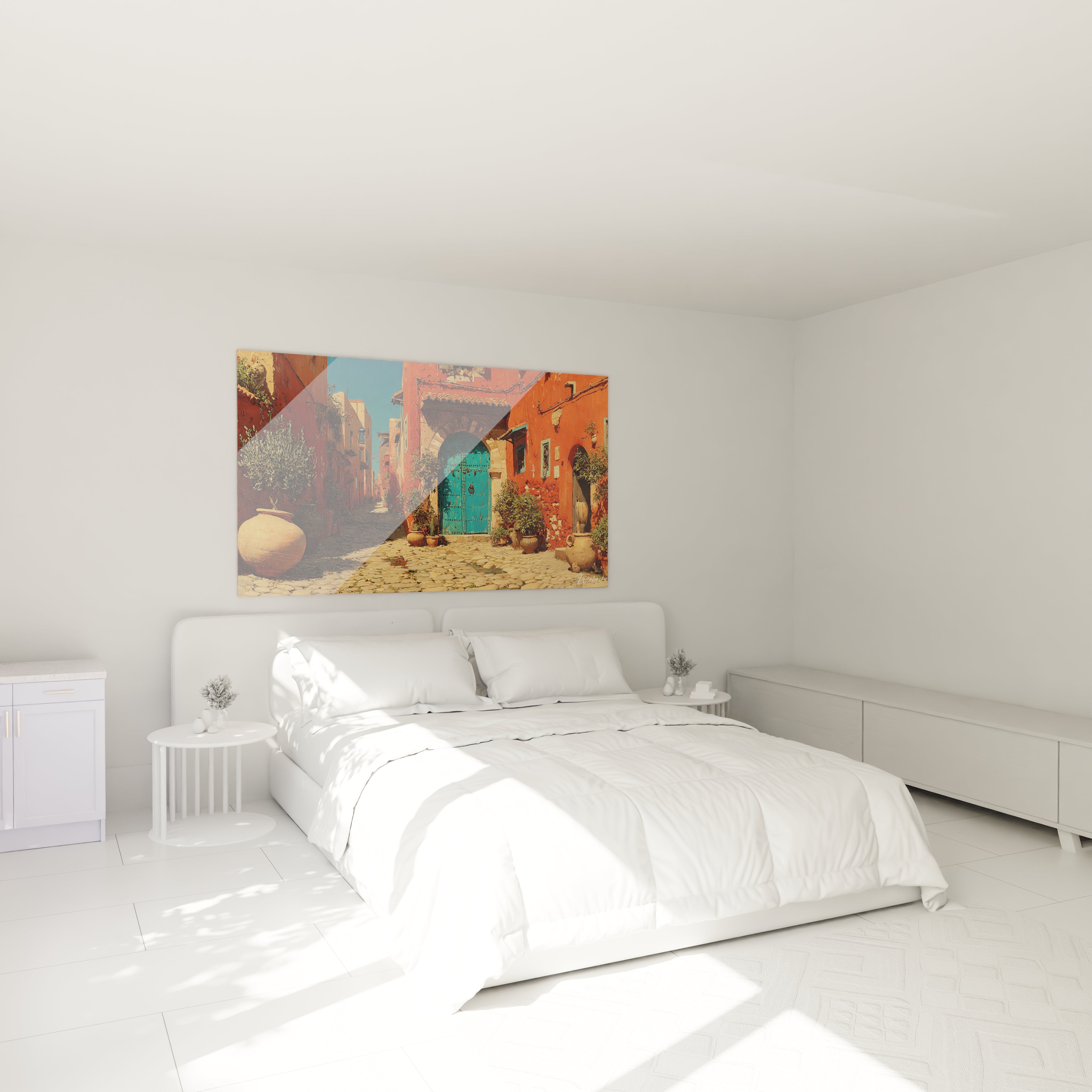 Tableau mural au dessus d un lit blanc montrant une ruelle colorée, tableau ruelle méditerranéenne