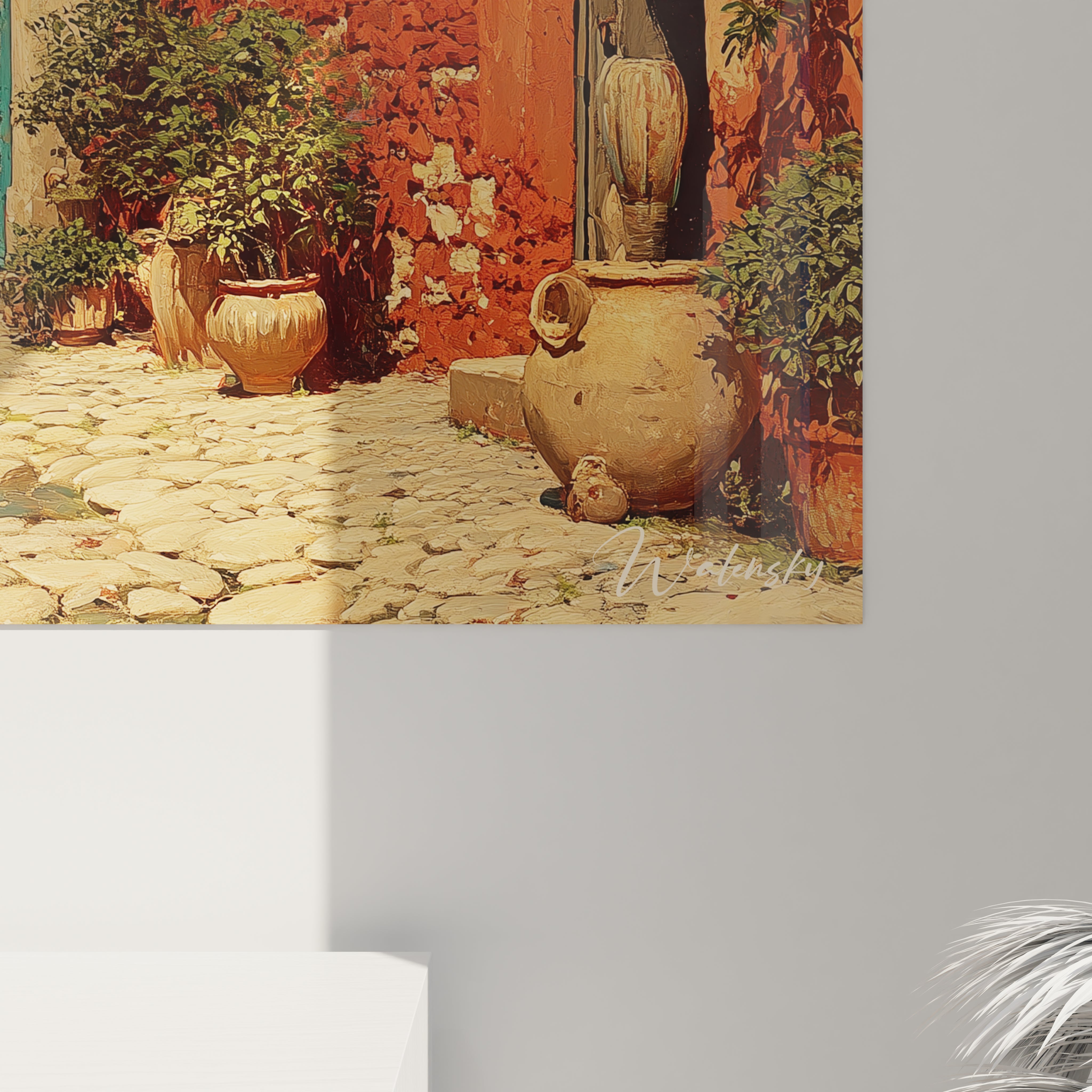 Walensky tableau ruelle méditerranéenne avec grands pots en terre cuite, mur ocre et pavés ensoleillés