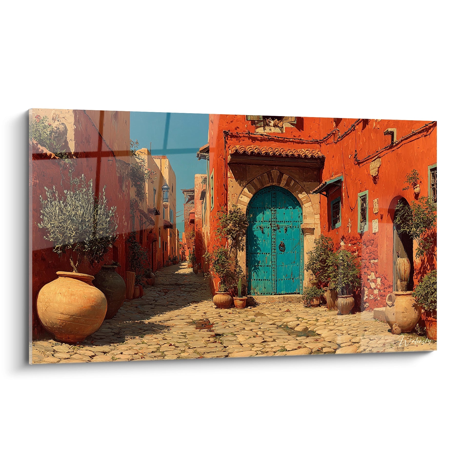 tableau ruelle méditerranéenne Walensky montrant porte turquoise, murs ocre, pots en terre et ruelle pavée ensoleillée