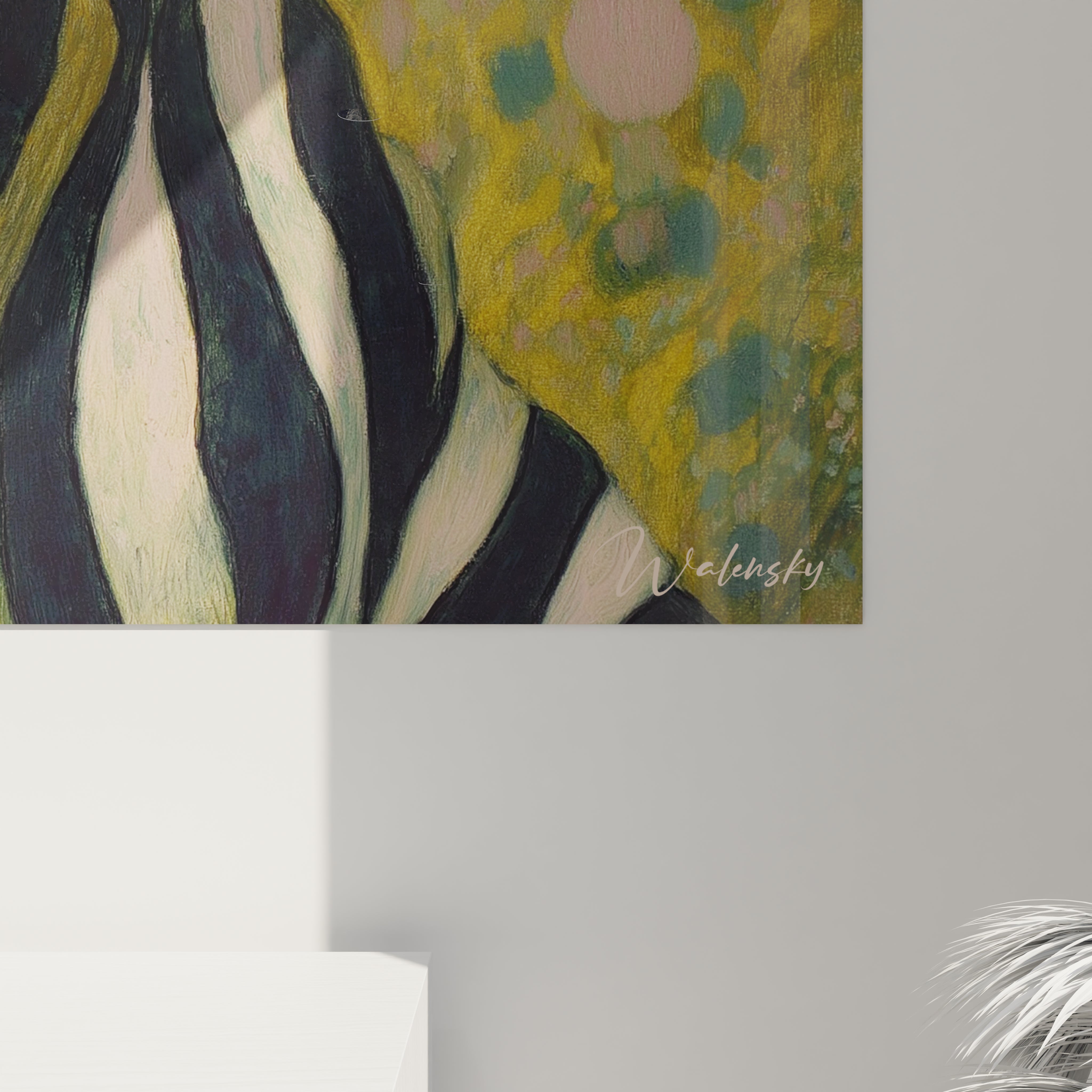 Tableau mural Walensky tableau symboliste masque divin gros plan rayures noir et blanc fond jaune vert