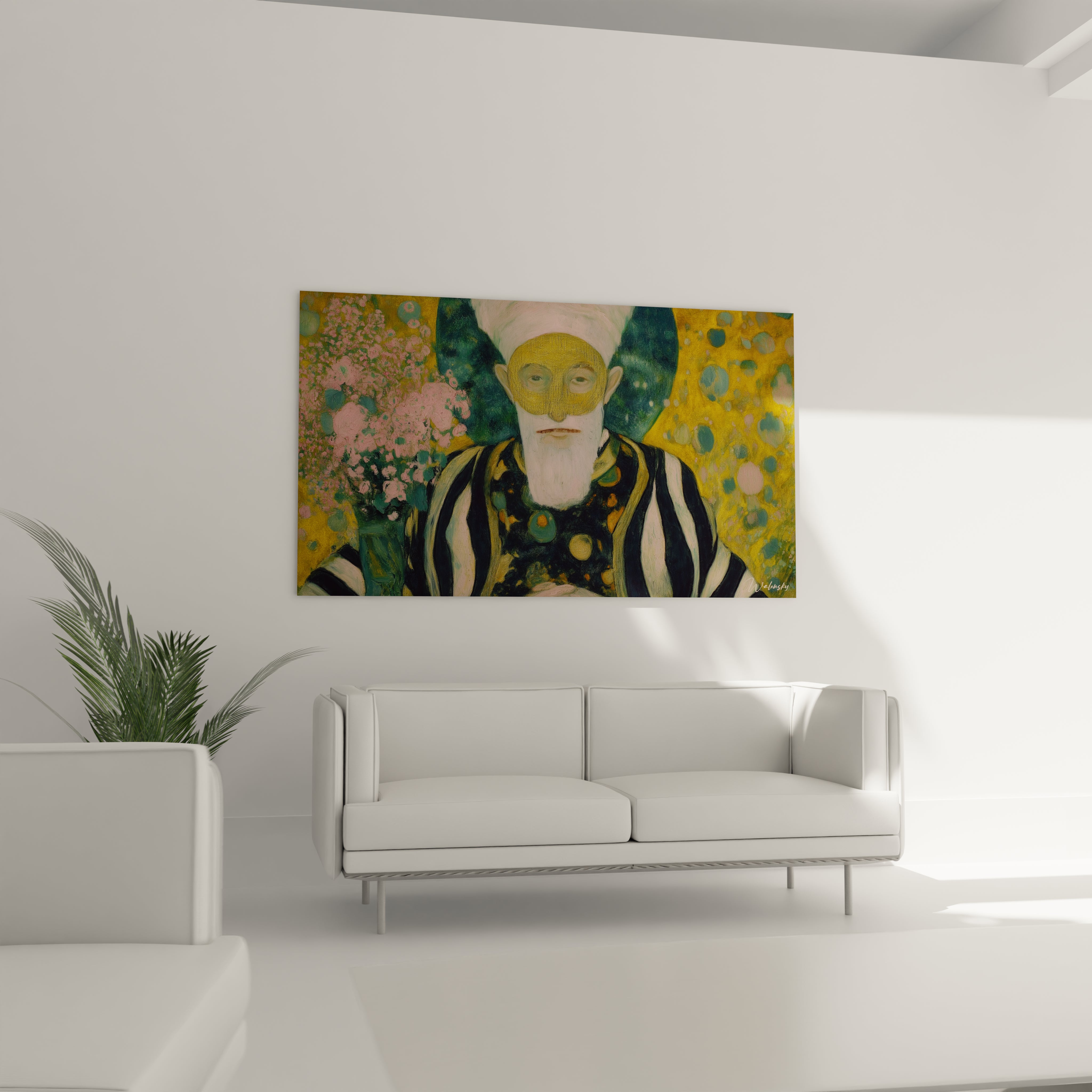 Tableau mural Walensky portrait symboliste a masque jaune sur fond floral et robes rayees tableau symboliste masque divin