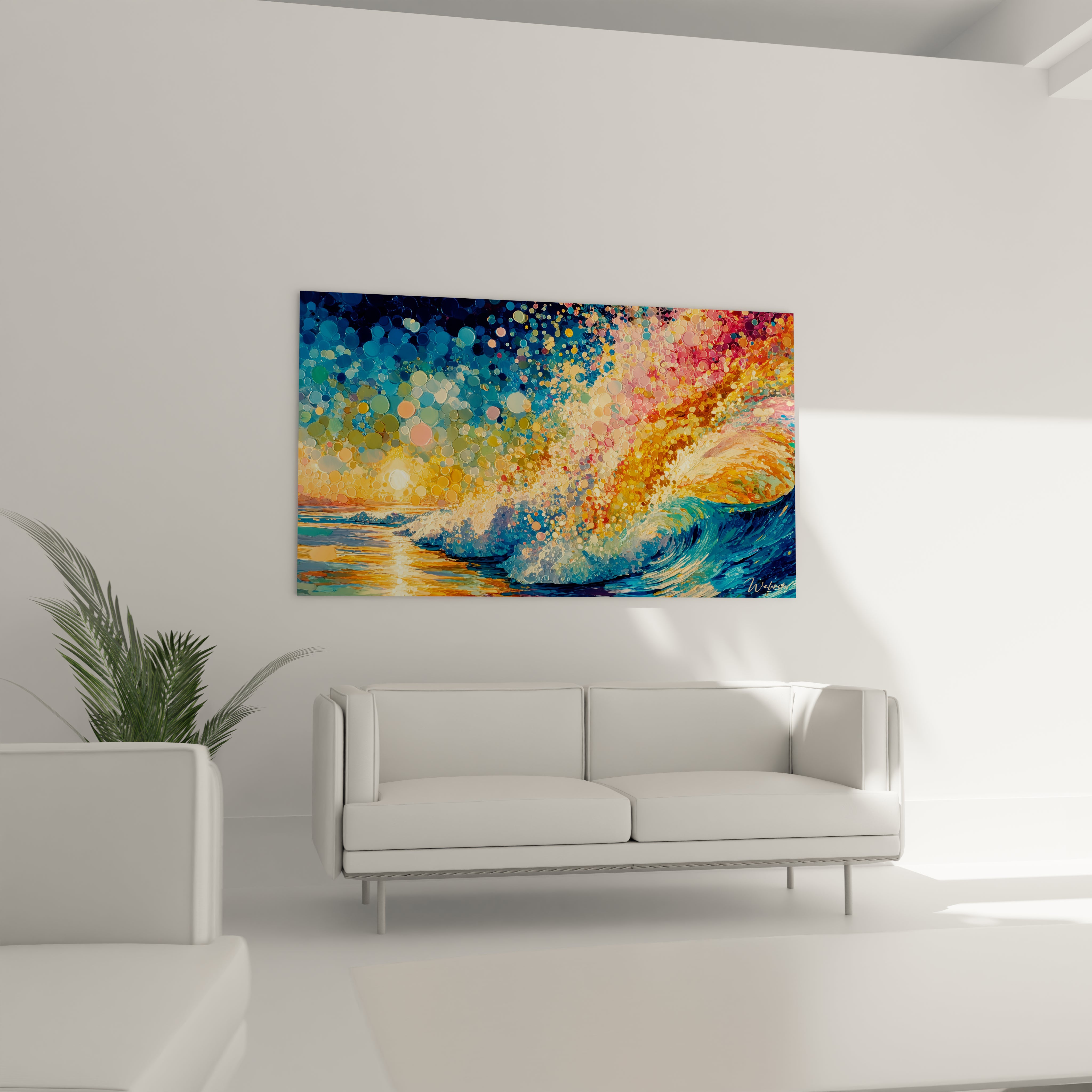 tableau vague pointillisme Walensky peinture murale colorée d une grande vague abstraite au dessus d un canapé blanc