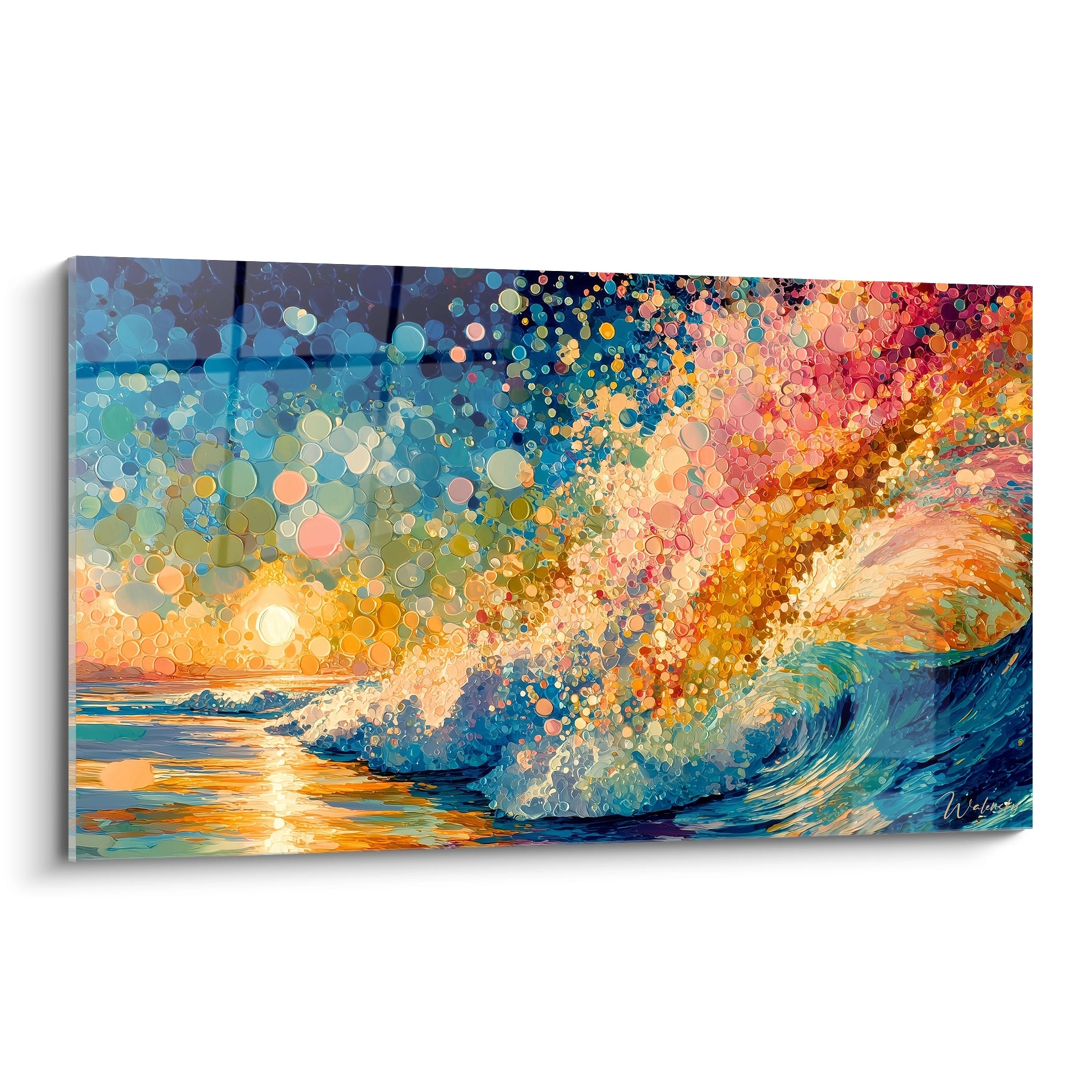 Tableau mural Walensky représentant une vague colorée au coucher de soleil en tableau vague pointillisme