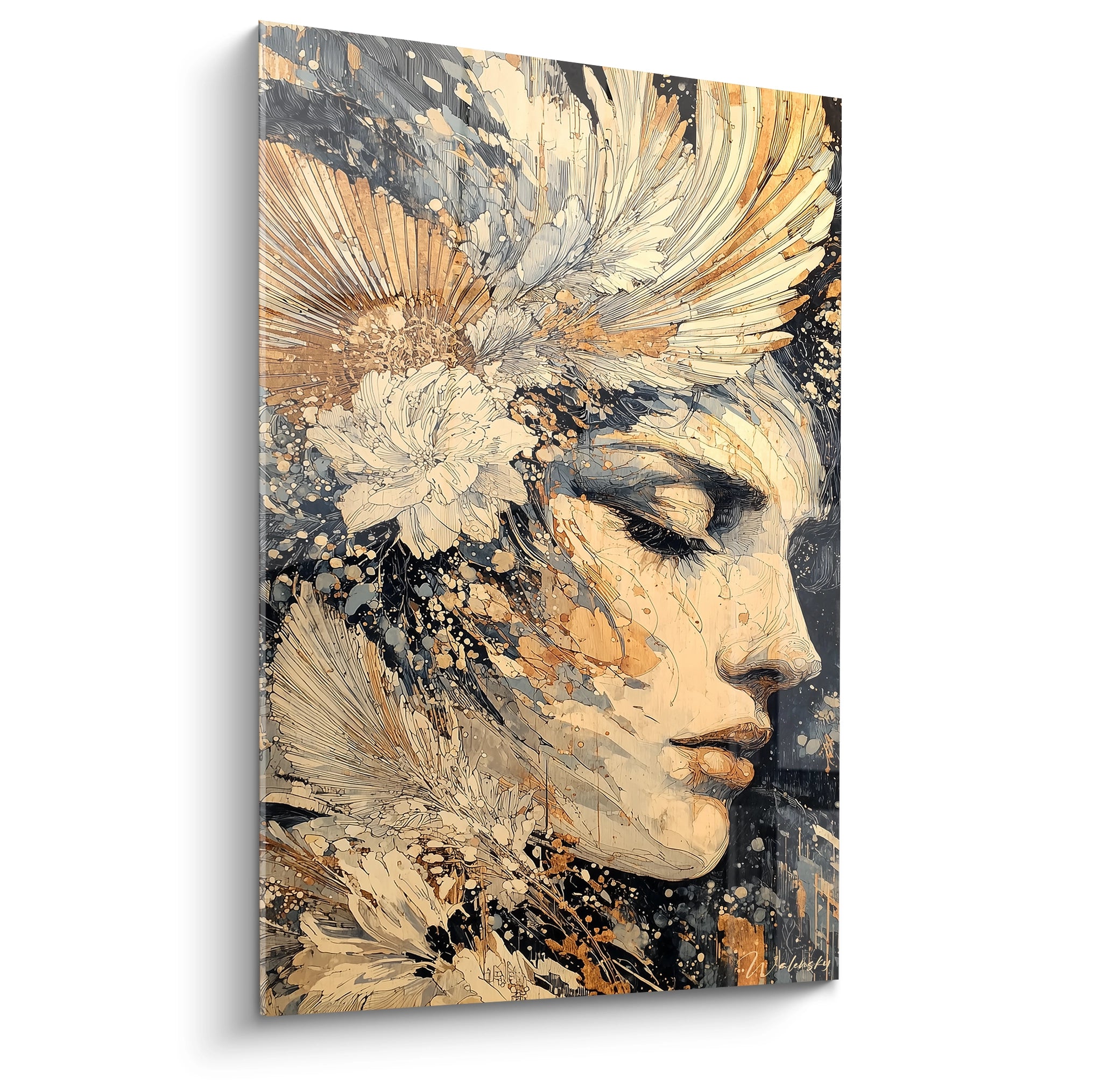 tableau visage féminin gothique Walensky peinture murale profil féminin ornement floral ailes