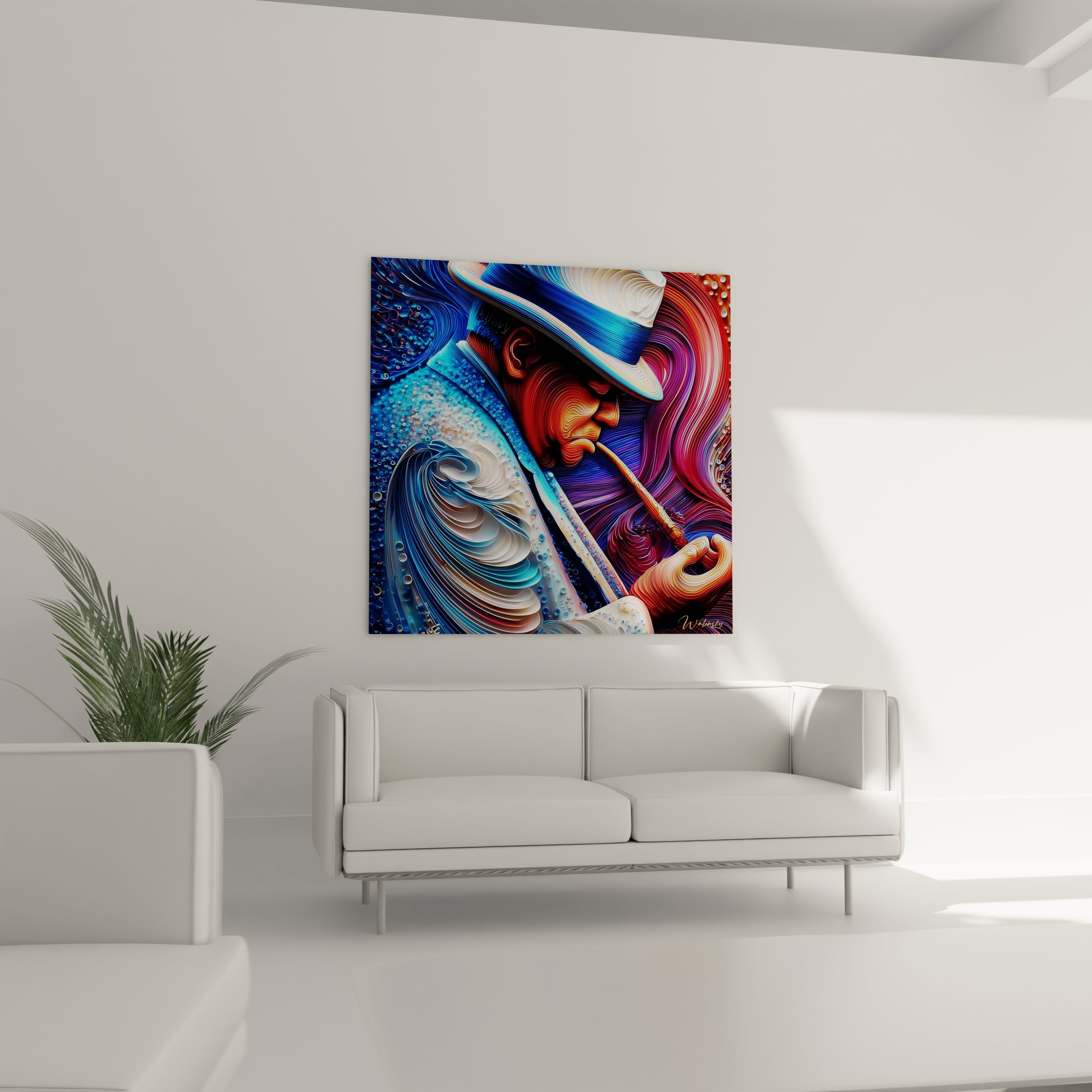 tableau Winston Churchill moderne Walensky portrait stylisé coloré d un homme au chapeau et pipe