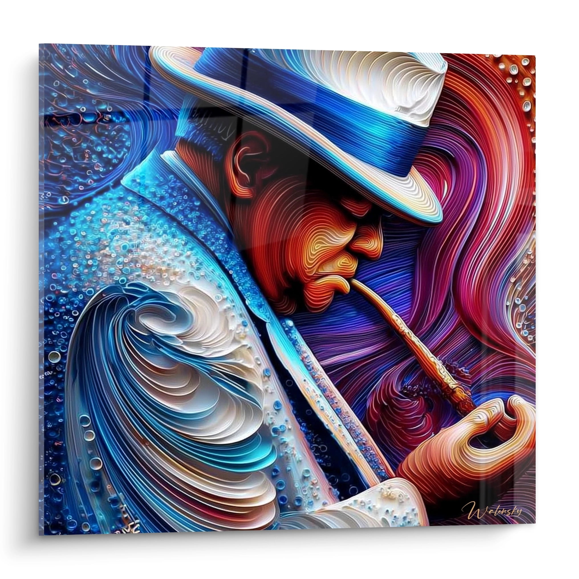Tableau mural Walensky portrait masculin retro fumant une pipe style abstrait colore et texture