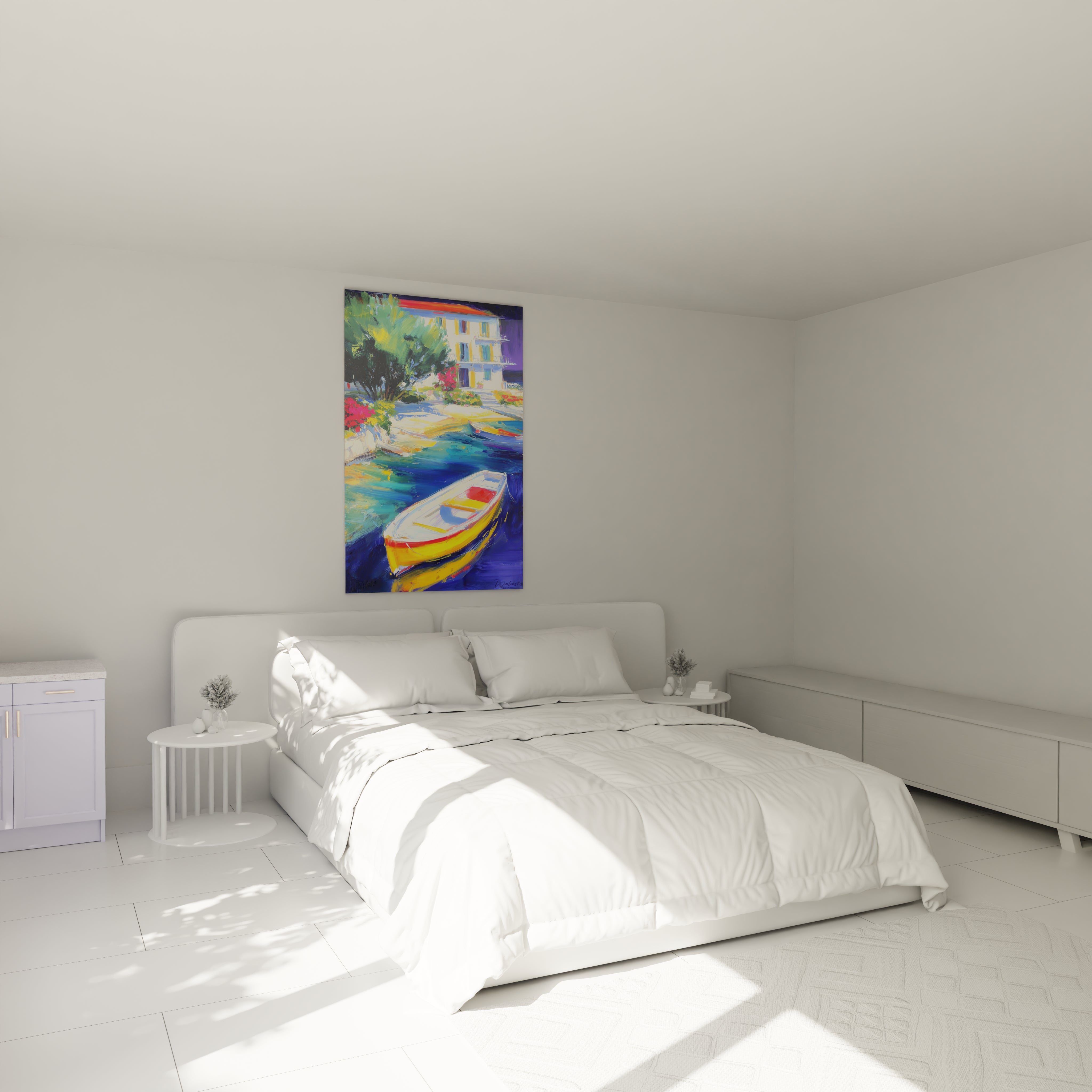 Tableau mural Walensky tableau impressionniste barque portuaire coloré accroché au dessus du lit blanc minimaliste