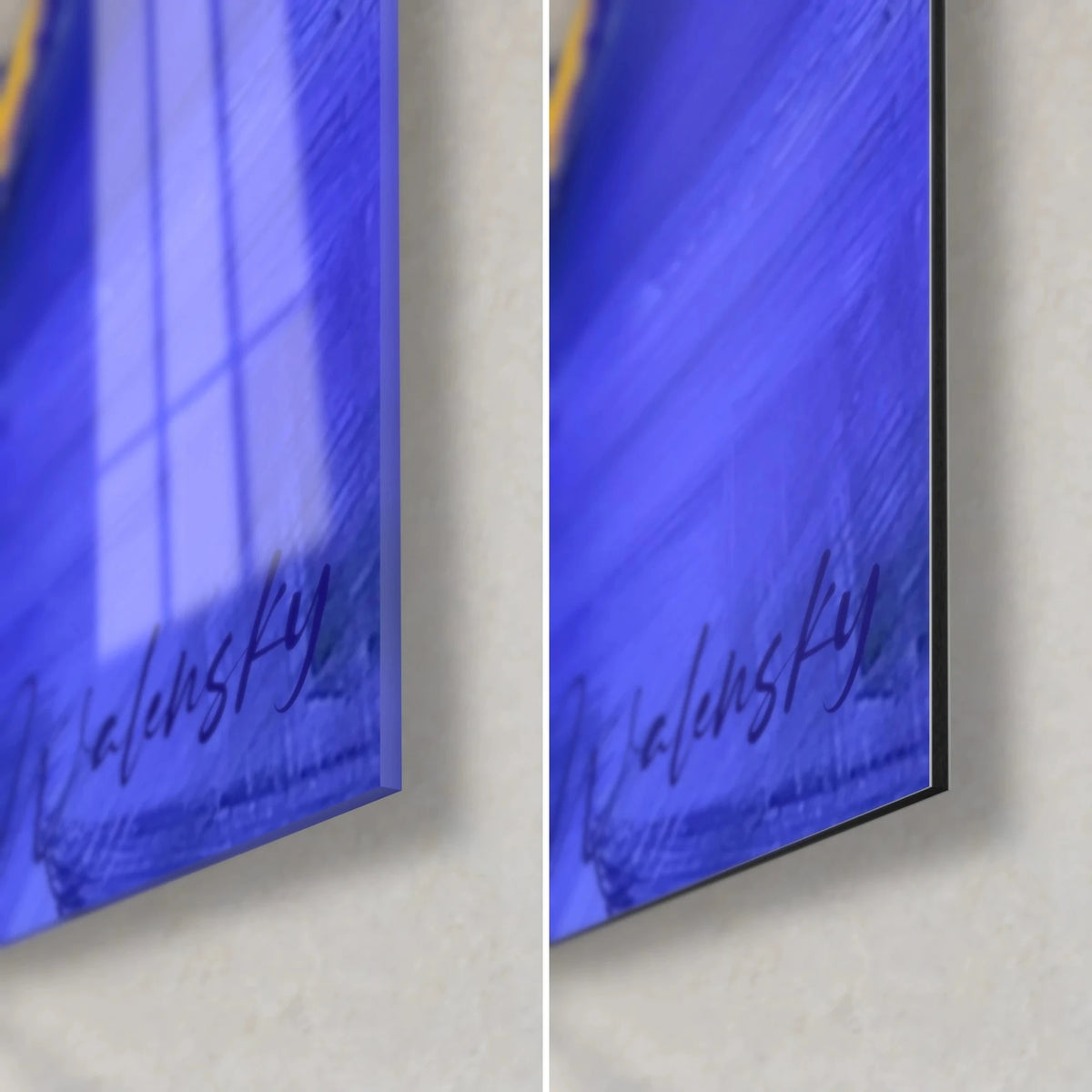 Tableau barque jaune citron et bleu outremer, coin bas droit en verre brillant reflétant la fenêtre, face Dibond mate, tranche 3 mm