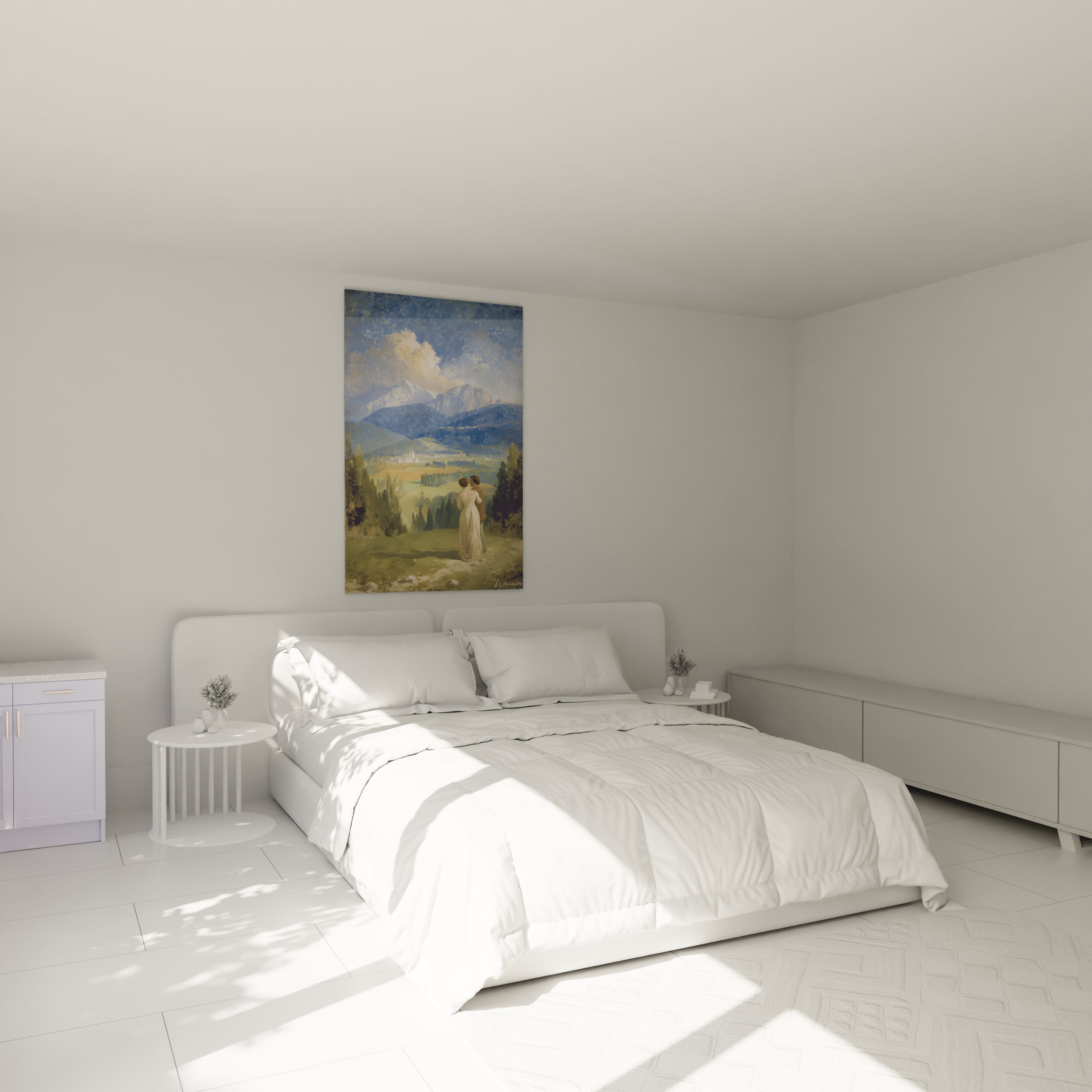 Tableau mural Walensky au dessus d un lit blanc paysage de montagne avec couple et ciel lumineux tableau montagne romantique