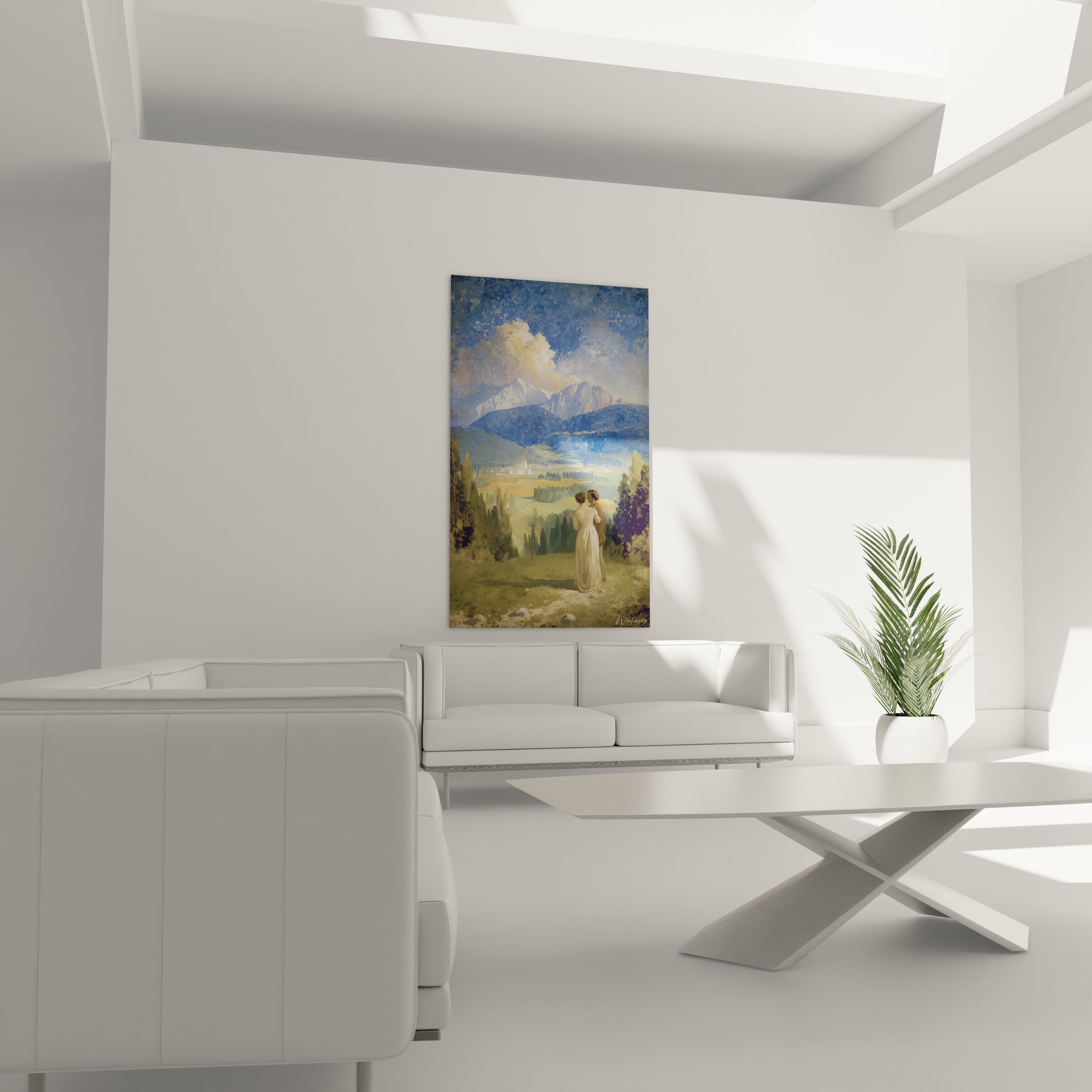 Tableau mural Walensky tableau montagne romantique avec couple devant montagnes bleues étoilées dans salon blanc