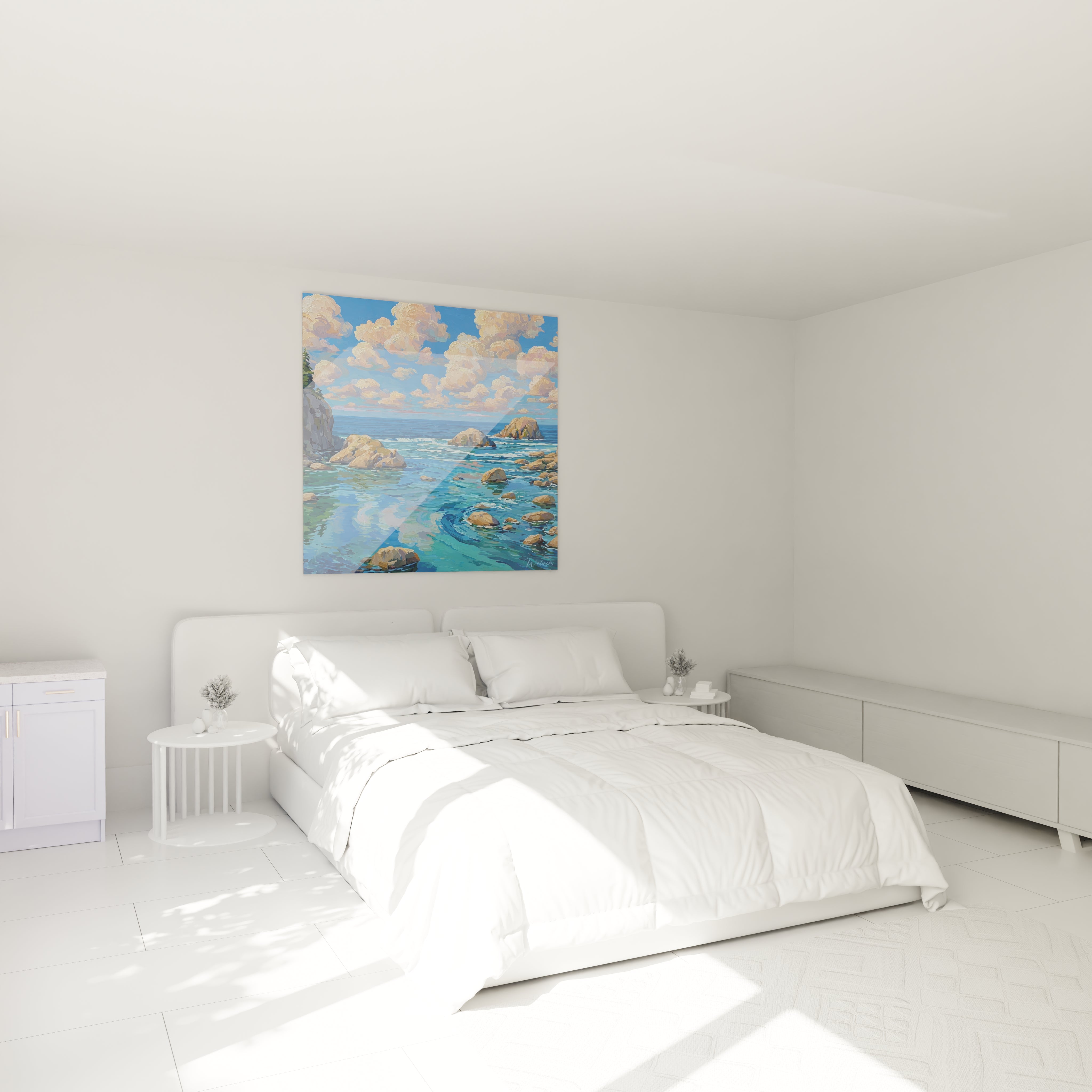 tableau paysage marin Walensky montrant une côte rocheuse et eaux turquoise accroché au dessus d un lit blanc minimaliste