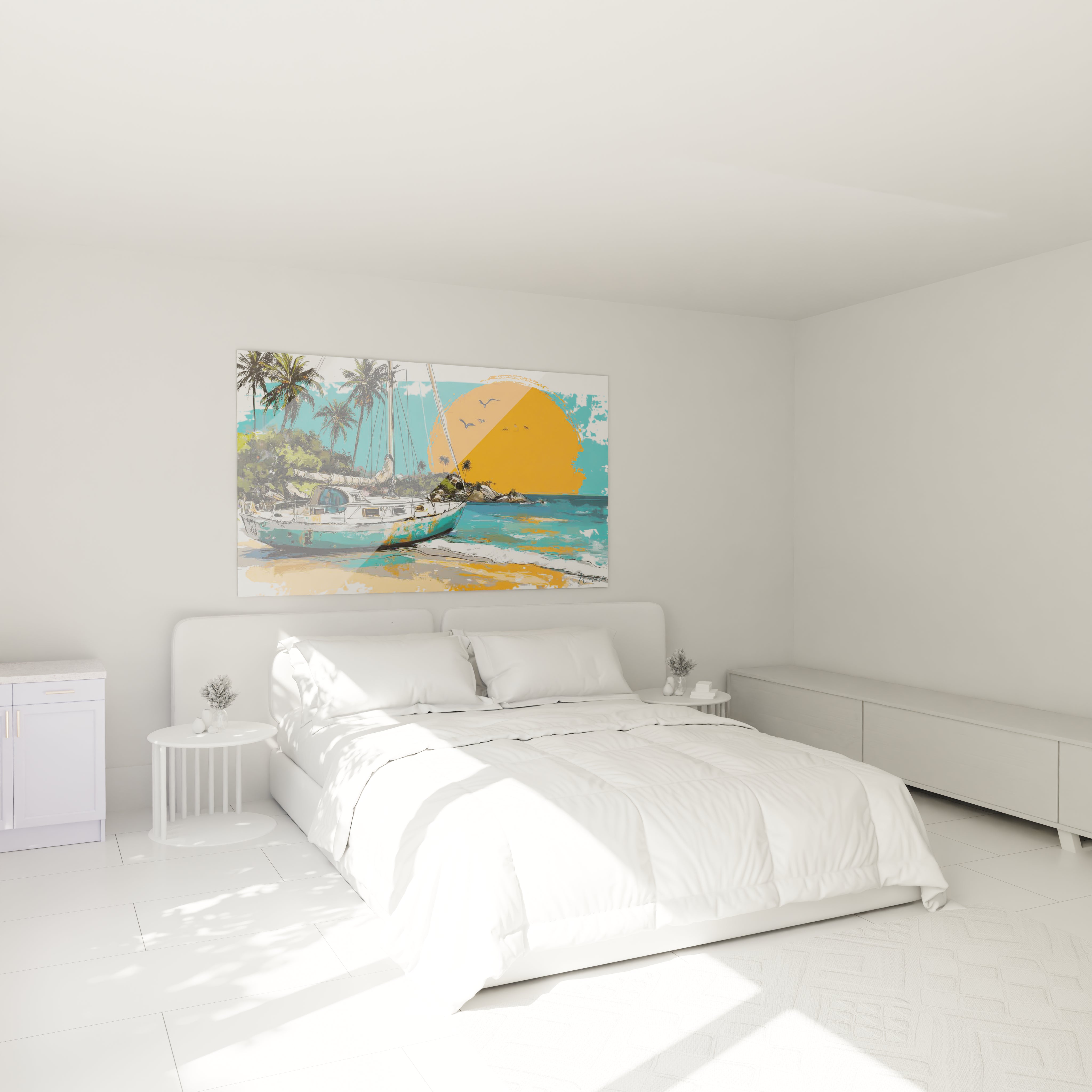 Chambre blanche minimaliste avec lit king et tableau voilier décoration murale Walensky coloré plage et palmiers