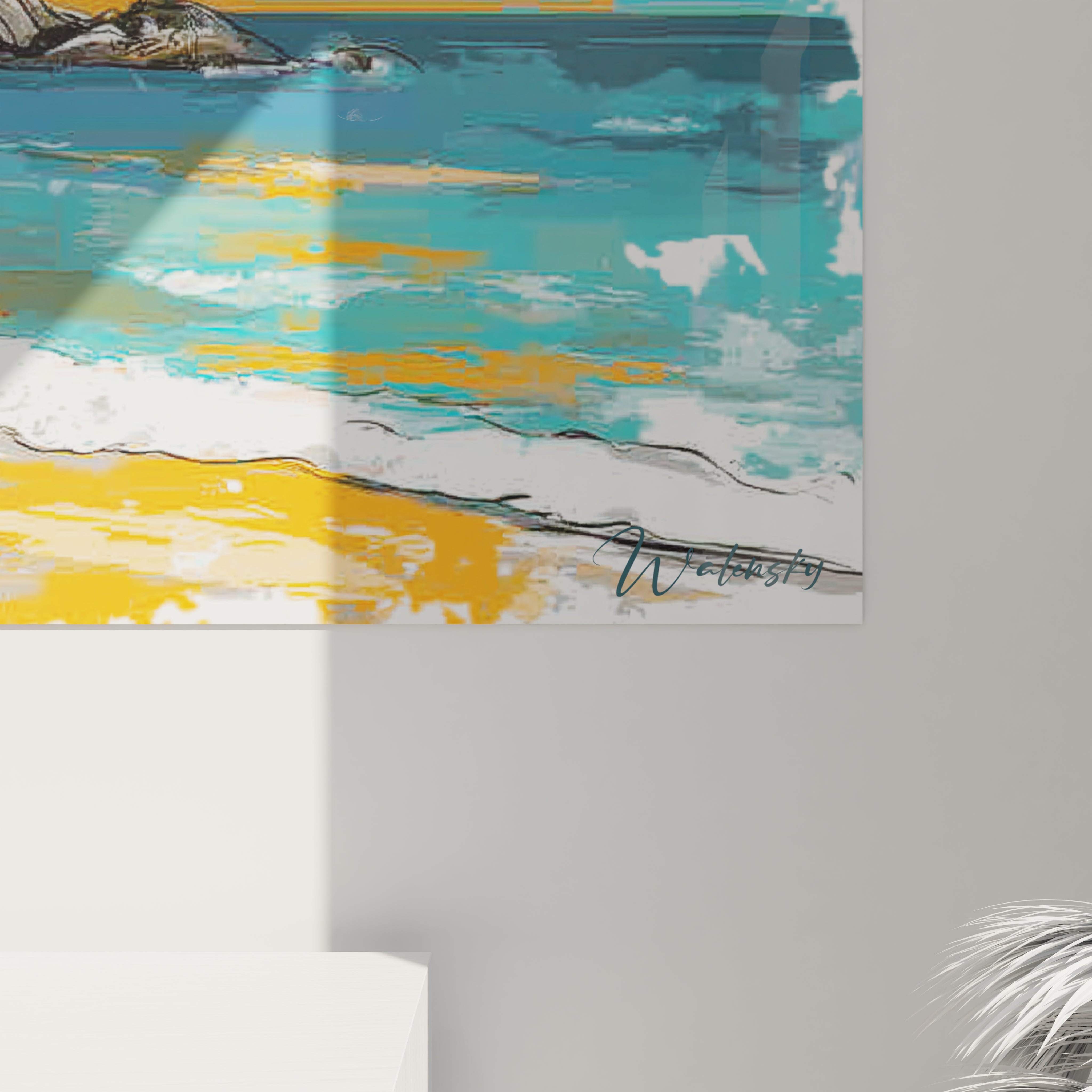 Walensky tableau mural peinture seascape abstraite plage jaune eaux turquoises voilier tableau voilier décoration murale