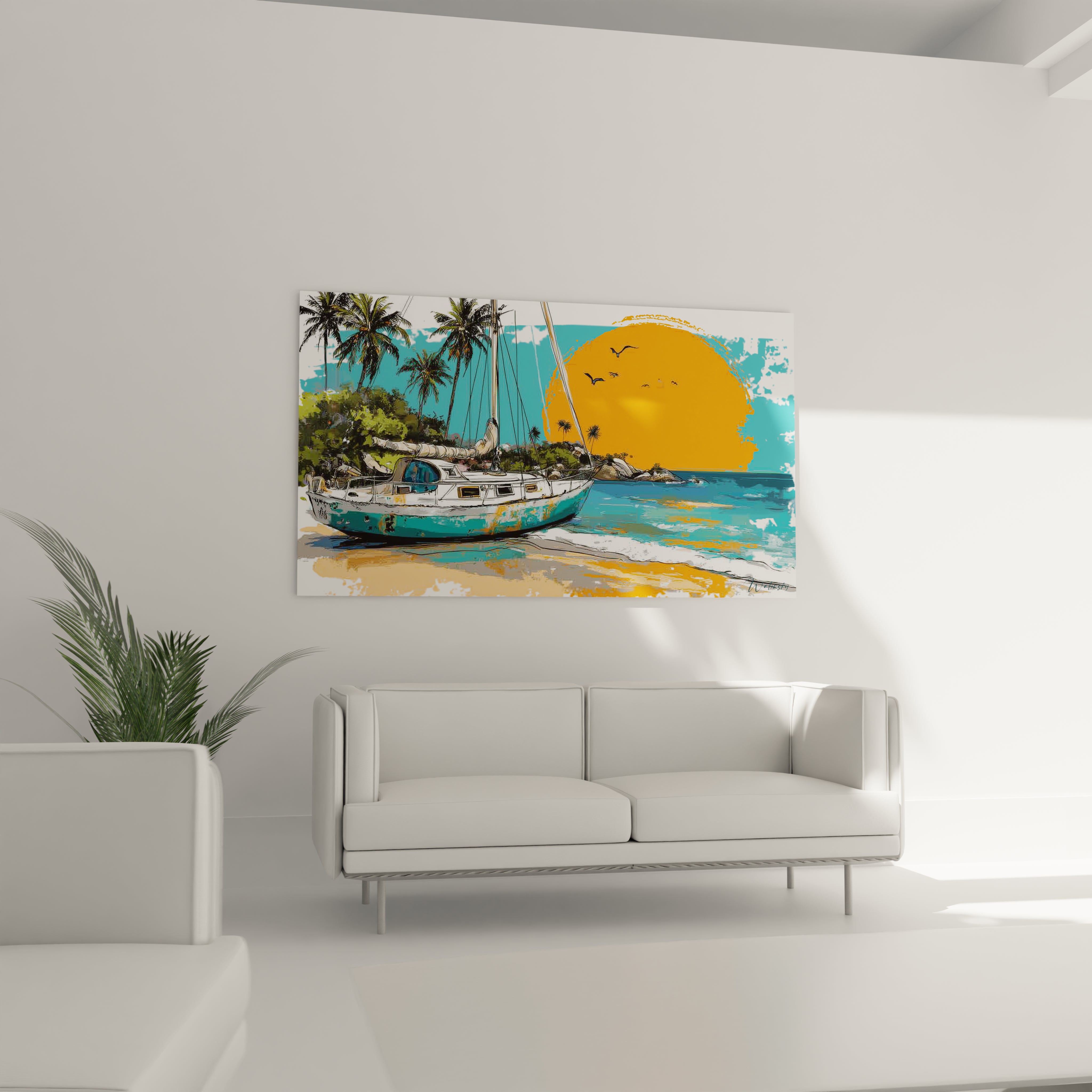 tableau voilier décoration murale Walensky représentant un voilier sur plage tropicale au coucher de soleil