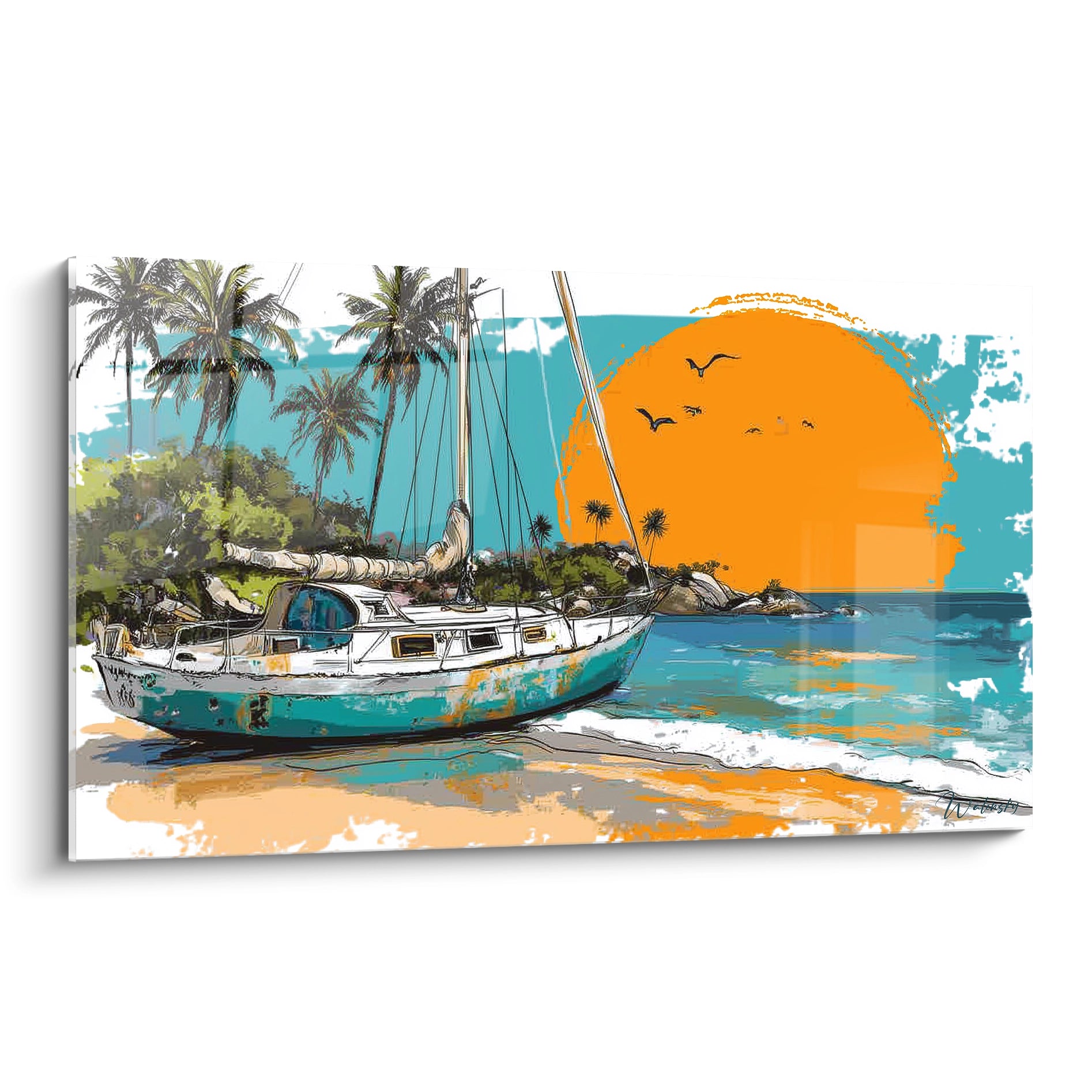 Tableau Walensky d'un voilier échoué sur une plage tropicale au coucher de soleil avec palmiers tableau voilier décoration murale