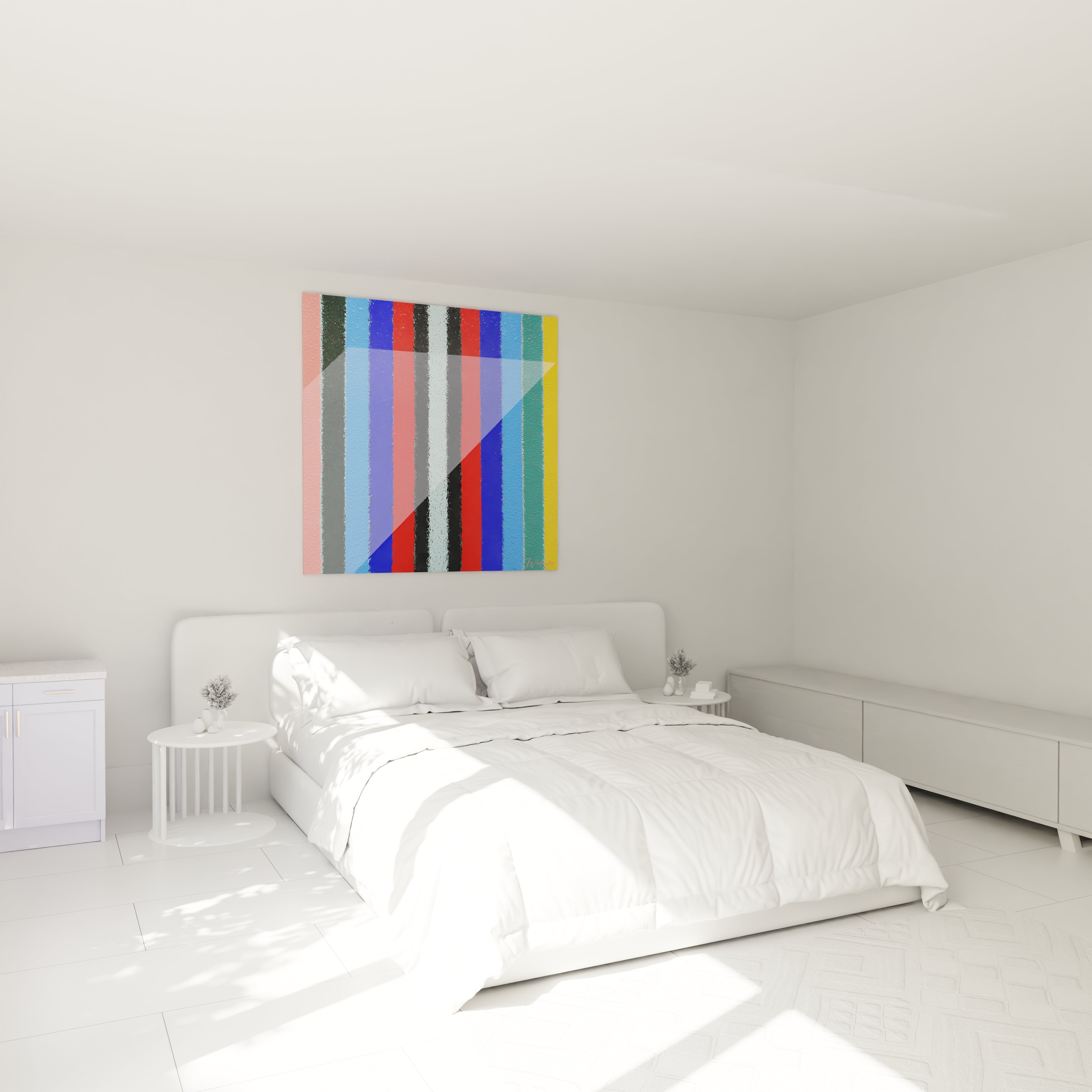tableau op art rayures Walensky coloré à rayures verticales accroché au dessus d un lit blanc dans une chambre minimaliste