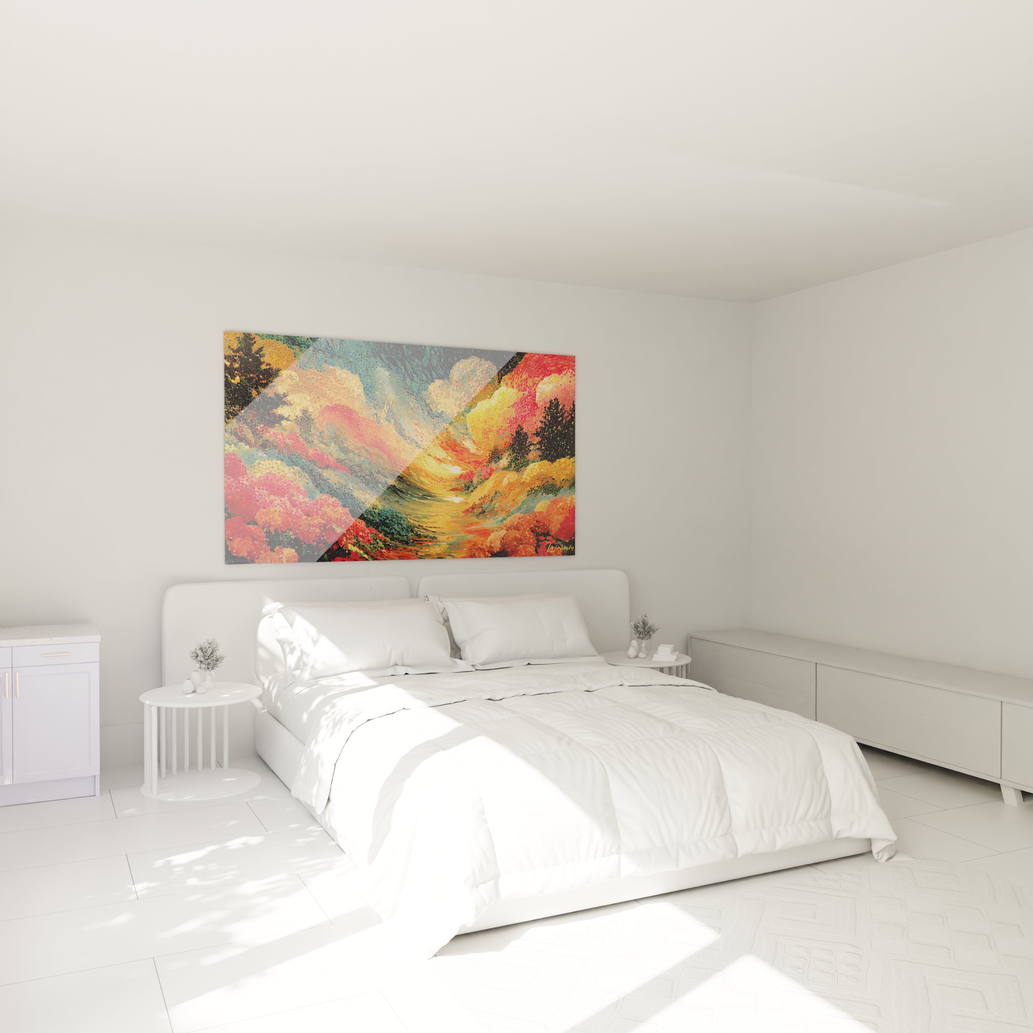 Tableau mural Walensky tableau paysage pointillisme coloré au dessus d un lit blanc dans une chambre moderne