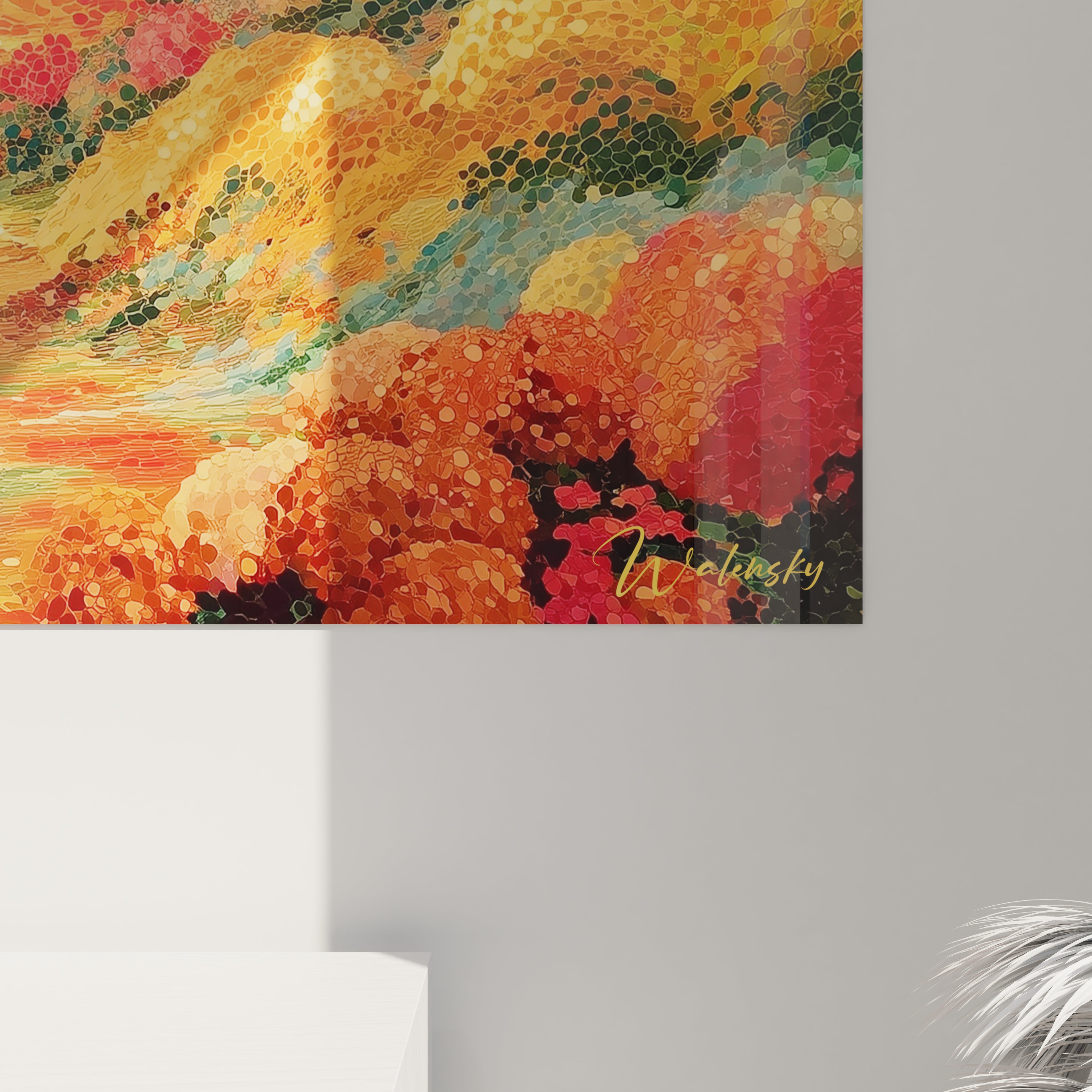 Tableau paysage pointillisme mural Walensky aux tons chauds et touches pointillées, signé accroché au mur minimaliste